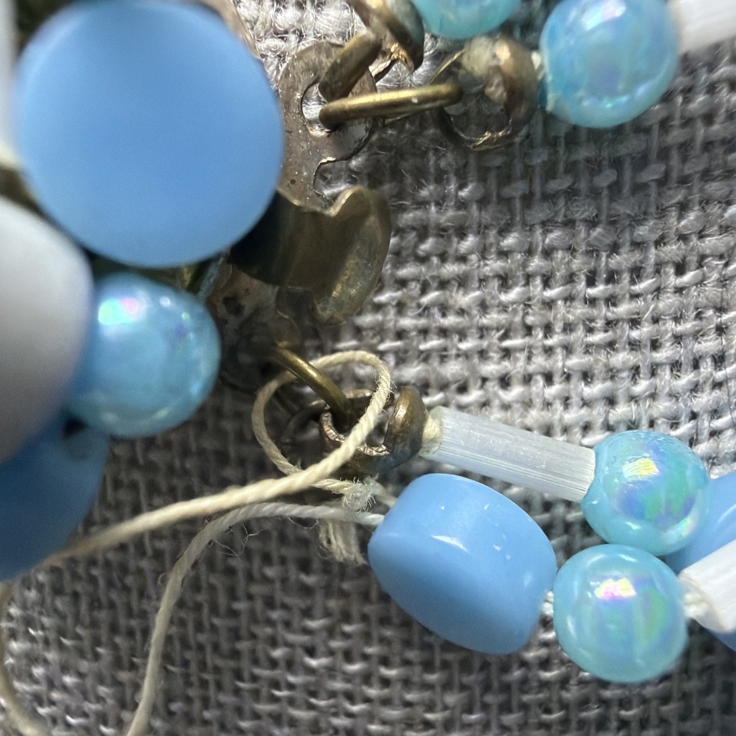 Japan Blue White Multi Strand Beaded Necklace Clip Earrings Jewelry Set As Is