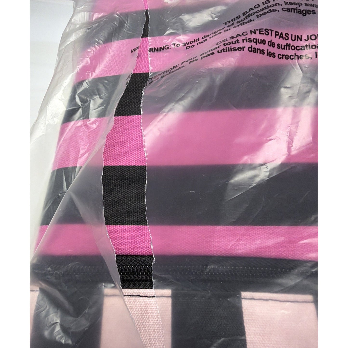 Victoria’s Secret Iconic Canvas Pink Black Striped Weekender Bag Tote Exandable