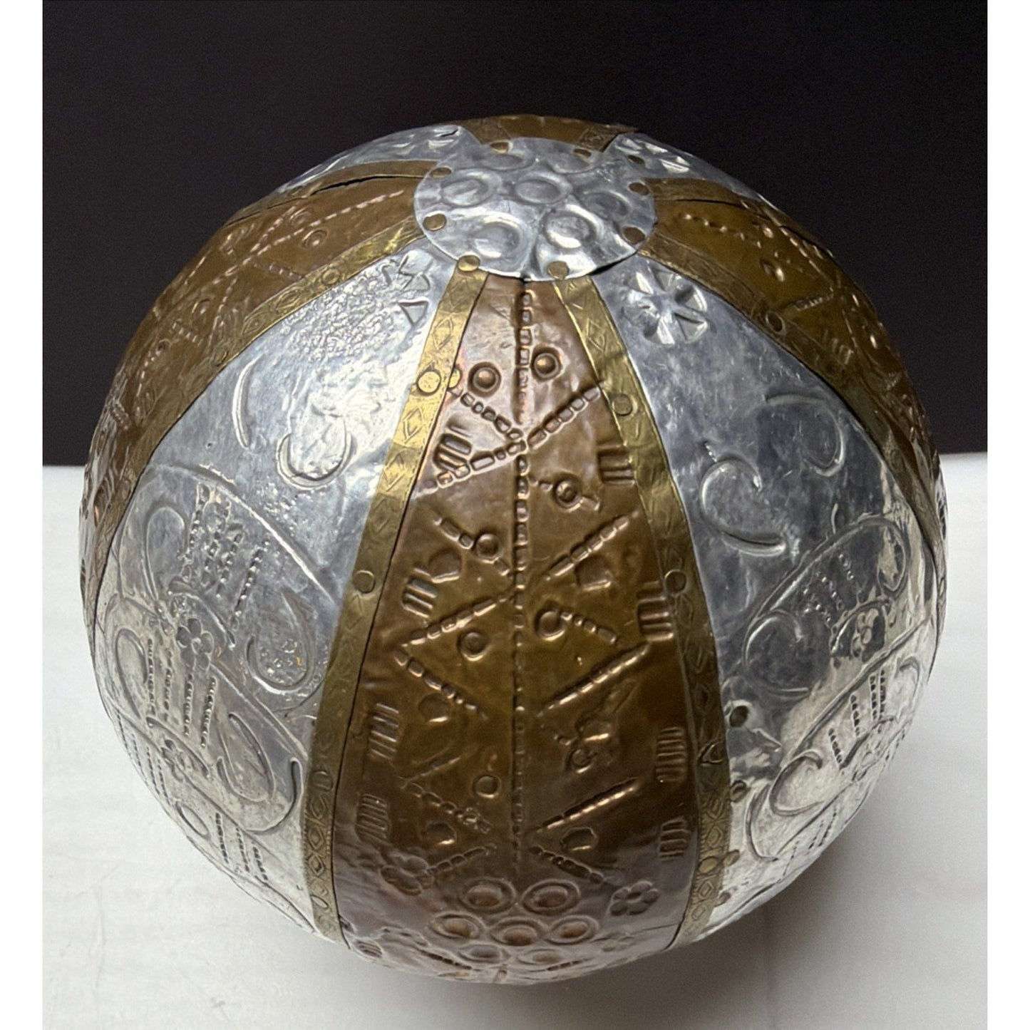 Vtg Mixed Metal Wrapped Sphere Orb Hand Tooled Design Ornate Ball Brass Bronze
