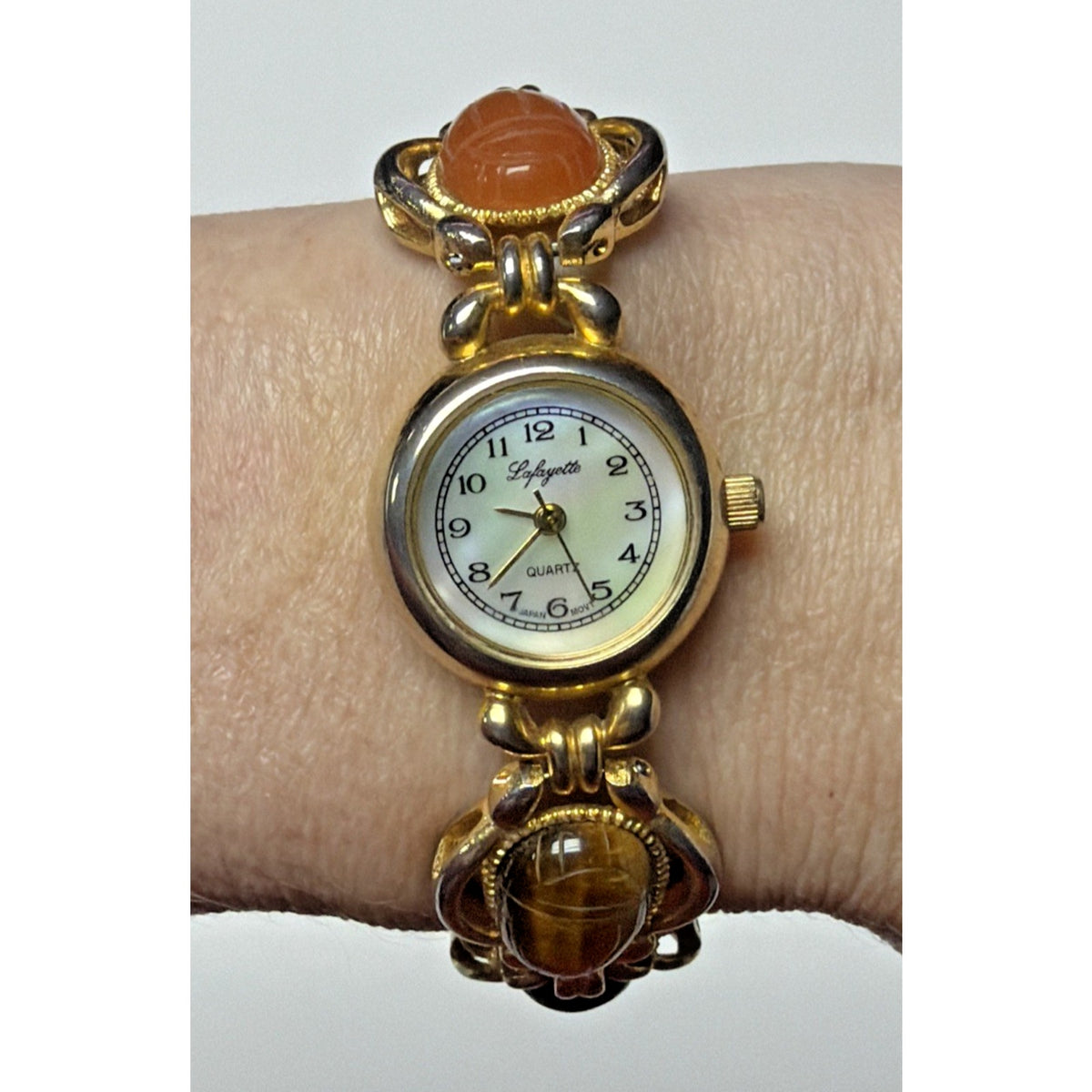 Vtg Lafayette Scarab Beetle Watch Bracelet Ladies MOP 22mm Sz 6.5