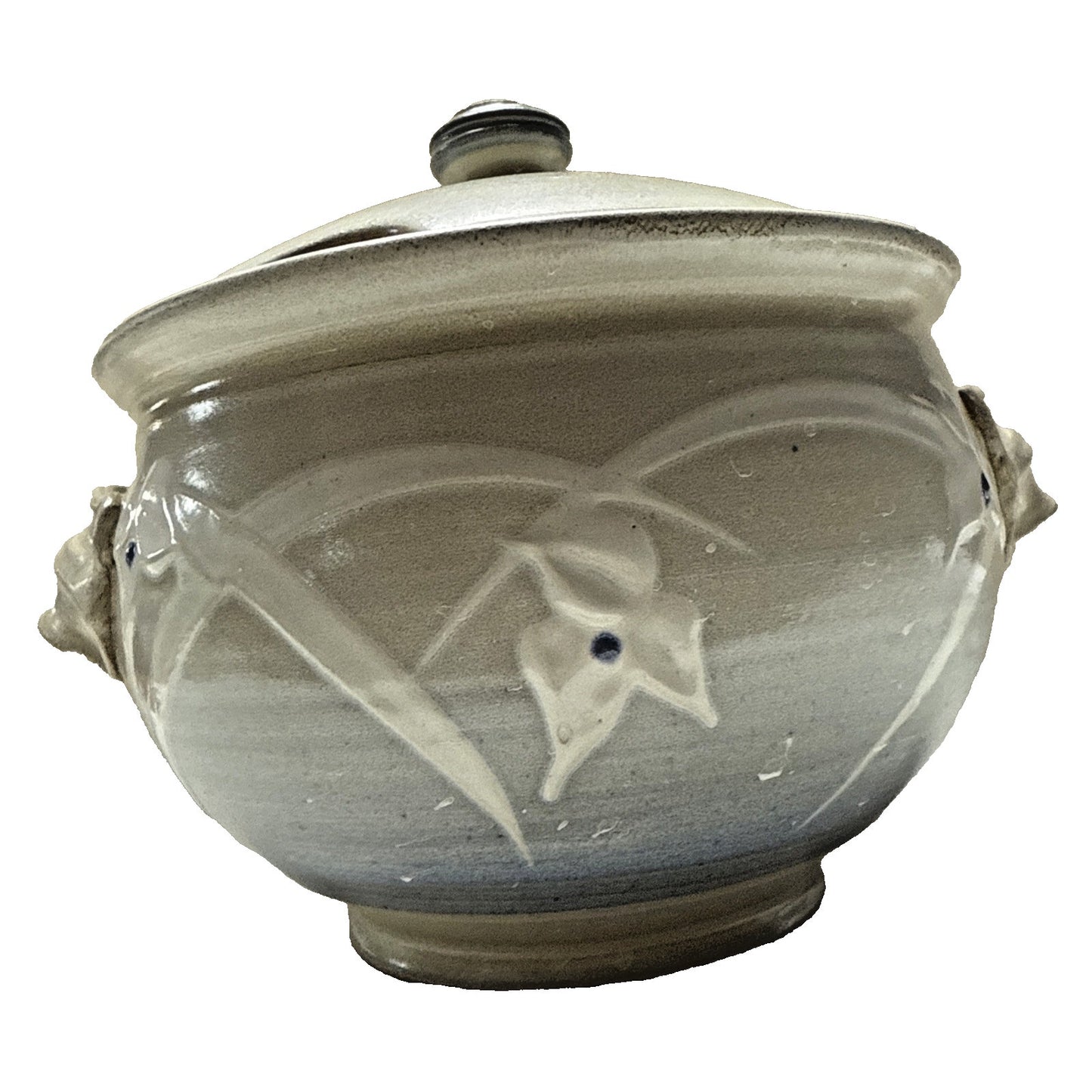 Noble Studio Art Pottery Casserole Lidded Trillium Blue White Handles