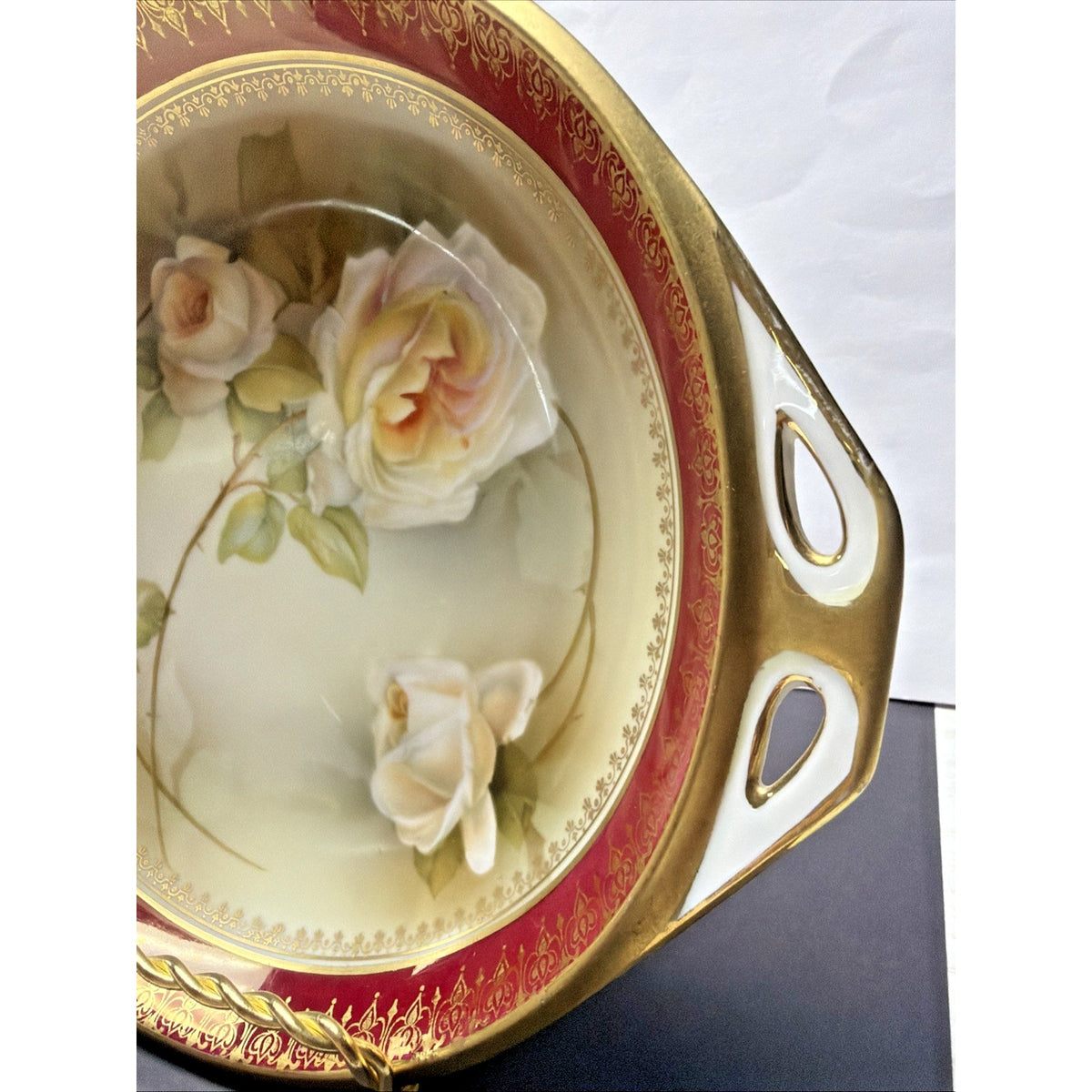 Antique RS Prussia Germany Hand Painted Rose Handle Bowl Platter Ornate Burgundy