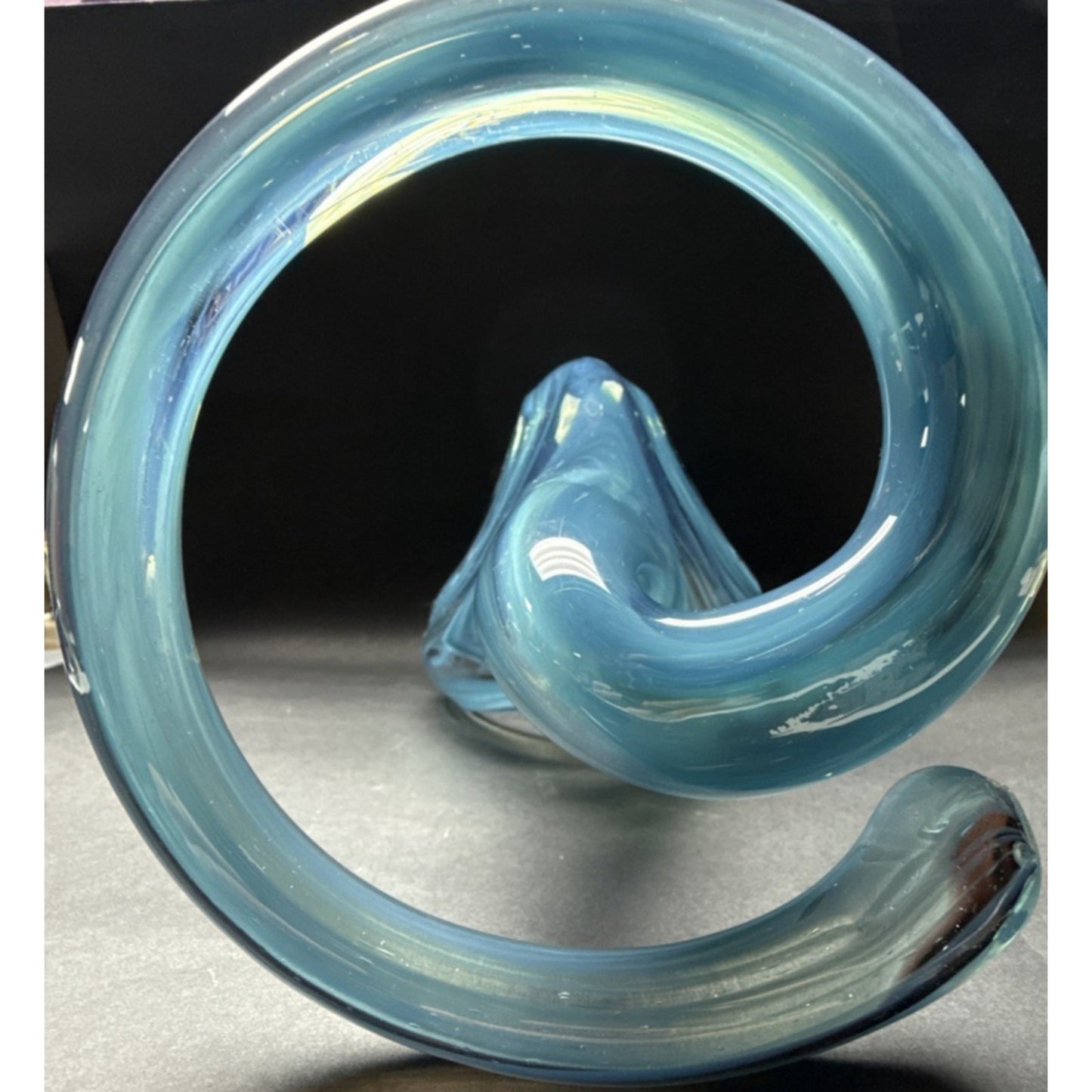 MCM Sooner Art Glass Tulip Trumpet Vase Blue Green Spiral Coiled Base 12" Read