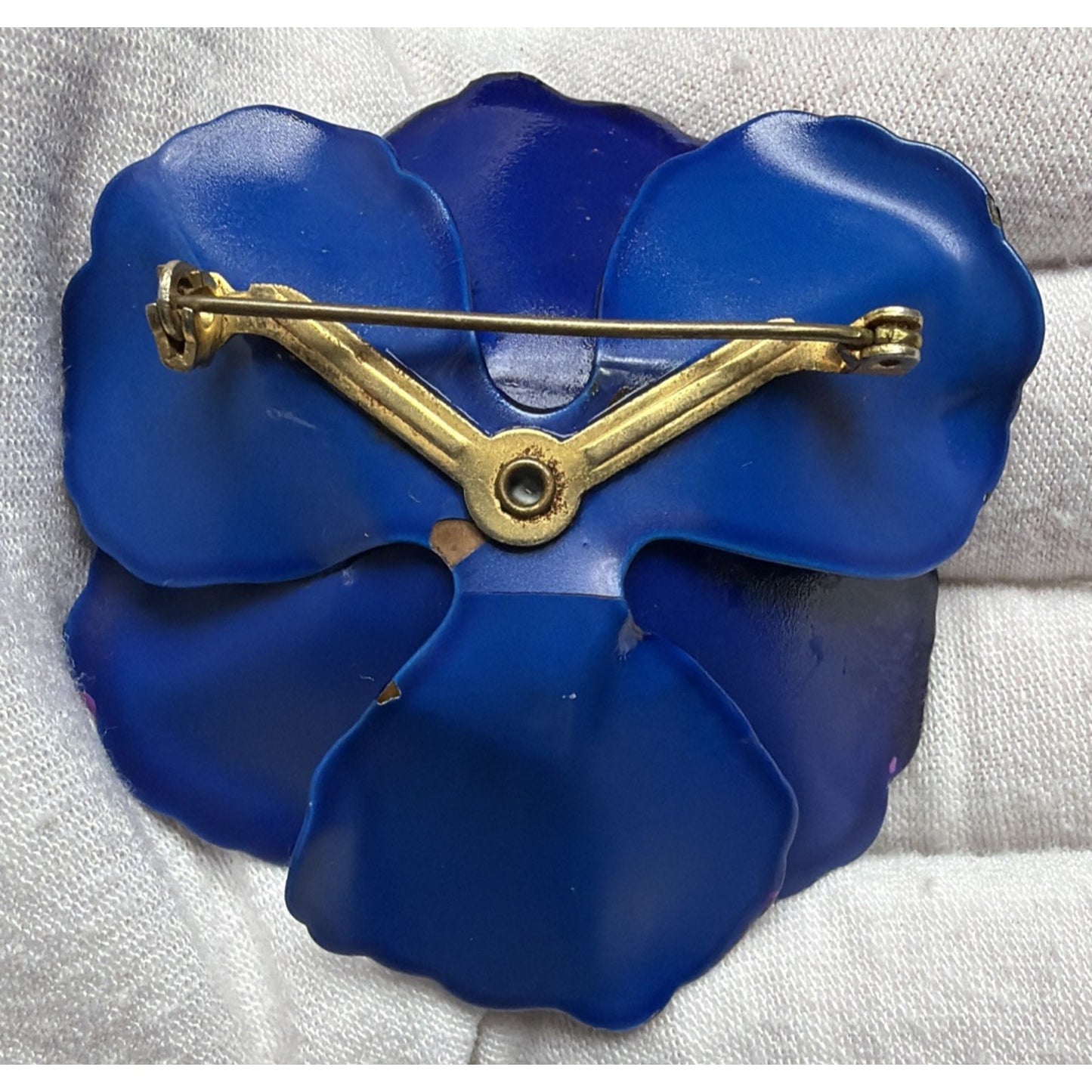 Vintage Blue Metal Purple Enamel Flower Bloom Pin Brooch Large