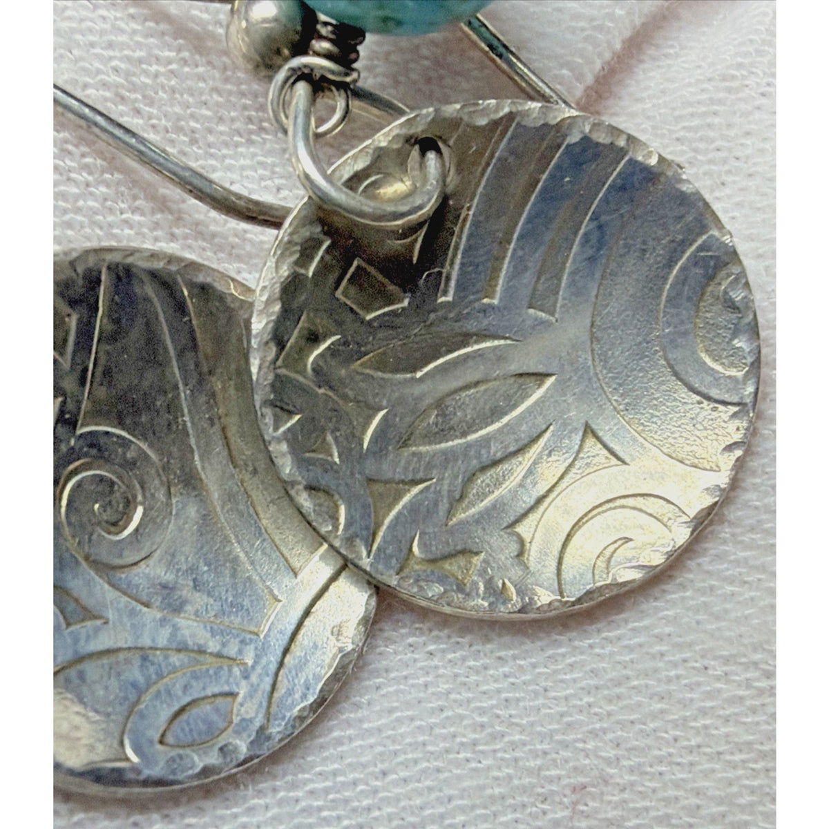 Margaret Lindquist ZAX 925 Sterling Dangle Stamped Disc Earrings Turquoise Beads