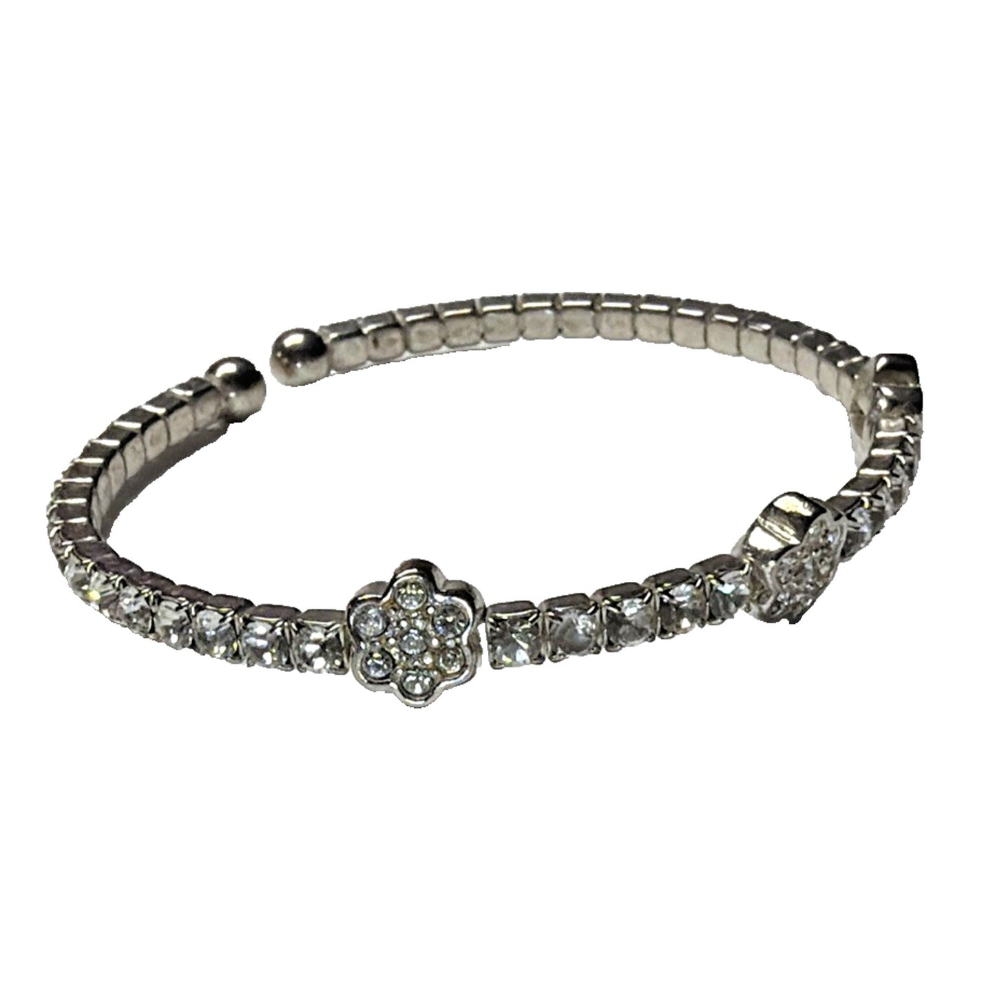 Vintage Clear Rhinestone Silver Cuff Bracelet Flower Clover