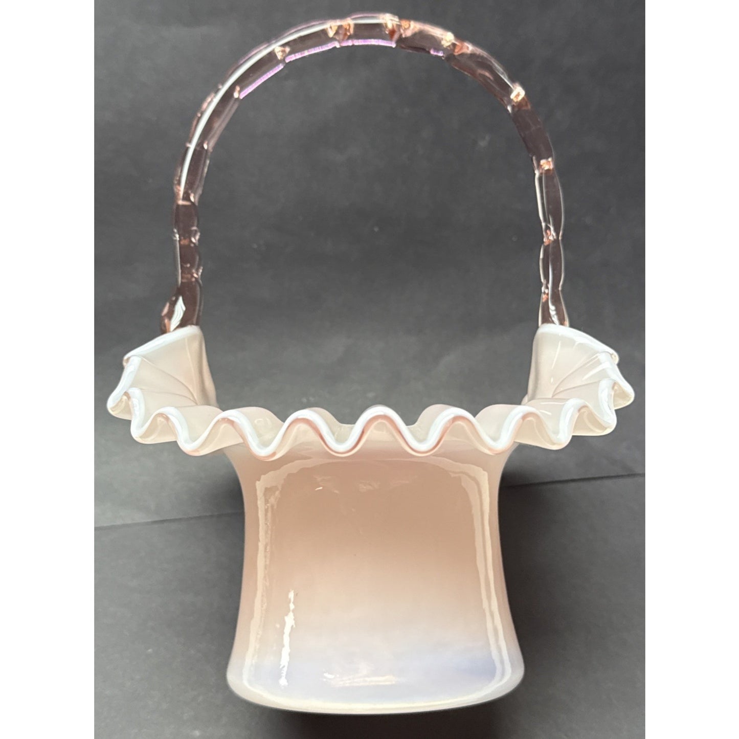 Vtg Fenton Glass Pink Overlay Basket Crimped Bamboo Handle Ruffle Edge As-Is