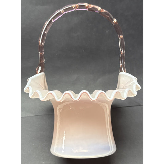 Vtg Fenton Glass Pink Overlay Basket Crimped Bamboo Handle Ruffle Edge As-Is