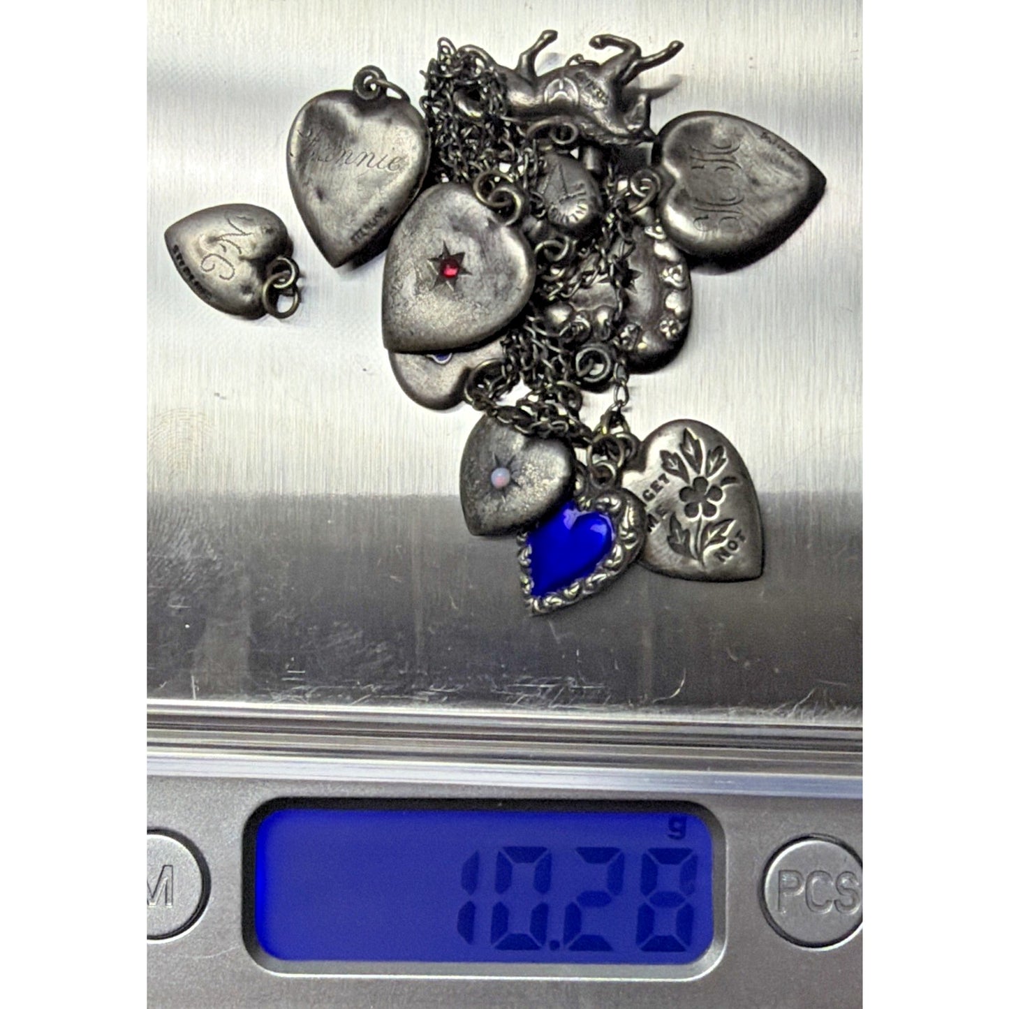 Antique Sterling Silver Puffy Heart Charms Necklace Enamel Gemstone Emboss As Is