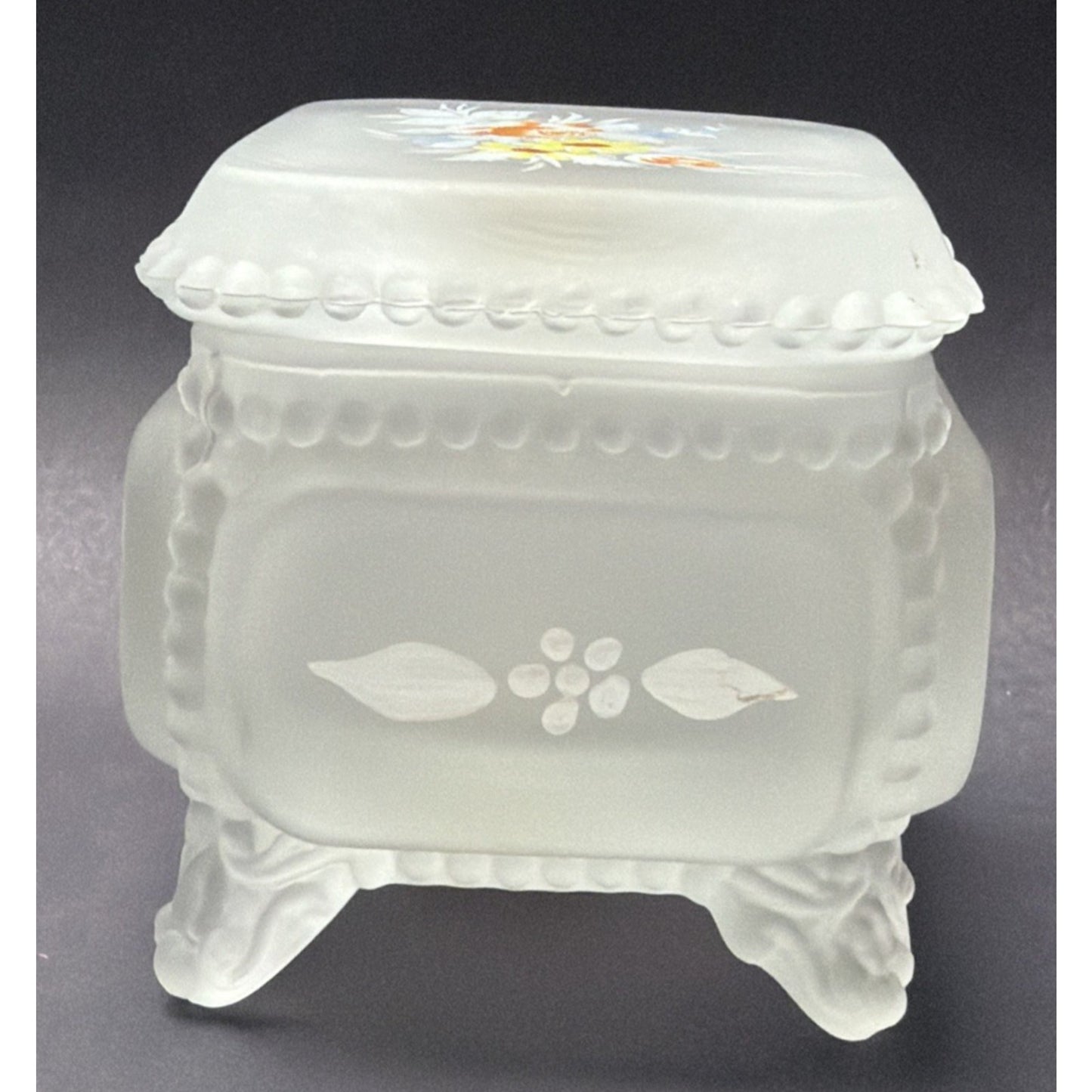 Vtg Westmoreland Frosted Satin Glass Beaded Rim Trinket Vanity Box Hand Painted