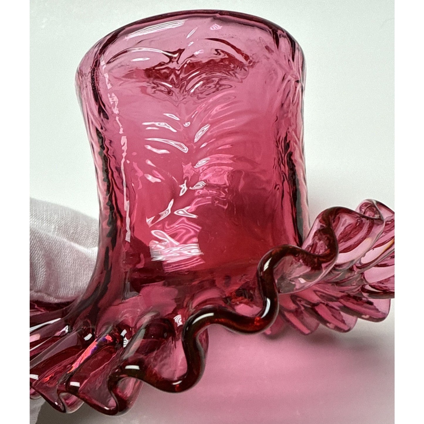 Vintage Fenton Glass Cranberry Embossed Fern #7235 Crimped Hat Vase