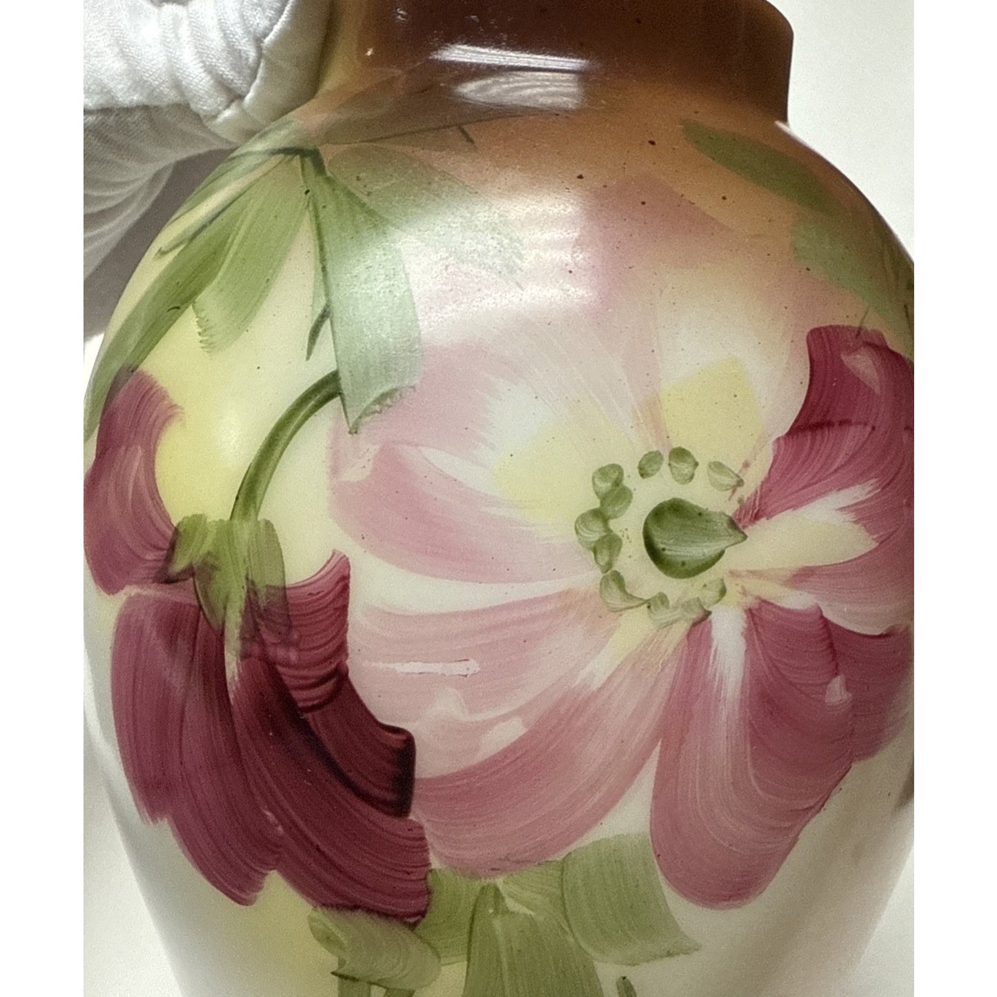 EAPG Victorian Fostoria Opaque Milk Glass Hand Paint Green Rose Bulb Vase As-Is