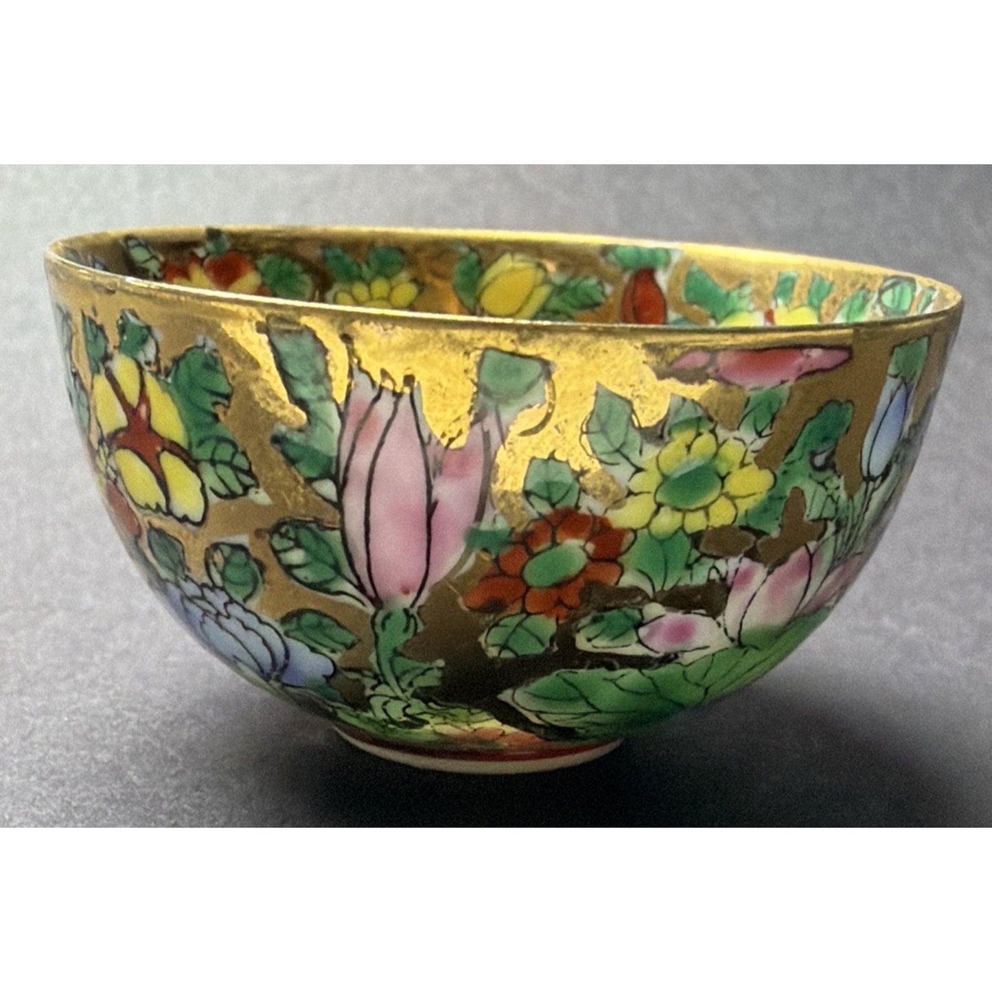 Old Eggshell Porcelain Gilt Enamel Chinese Famille Rose Mille Fleurs Wine Sake