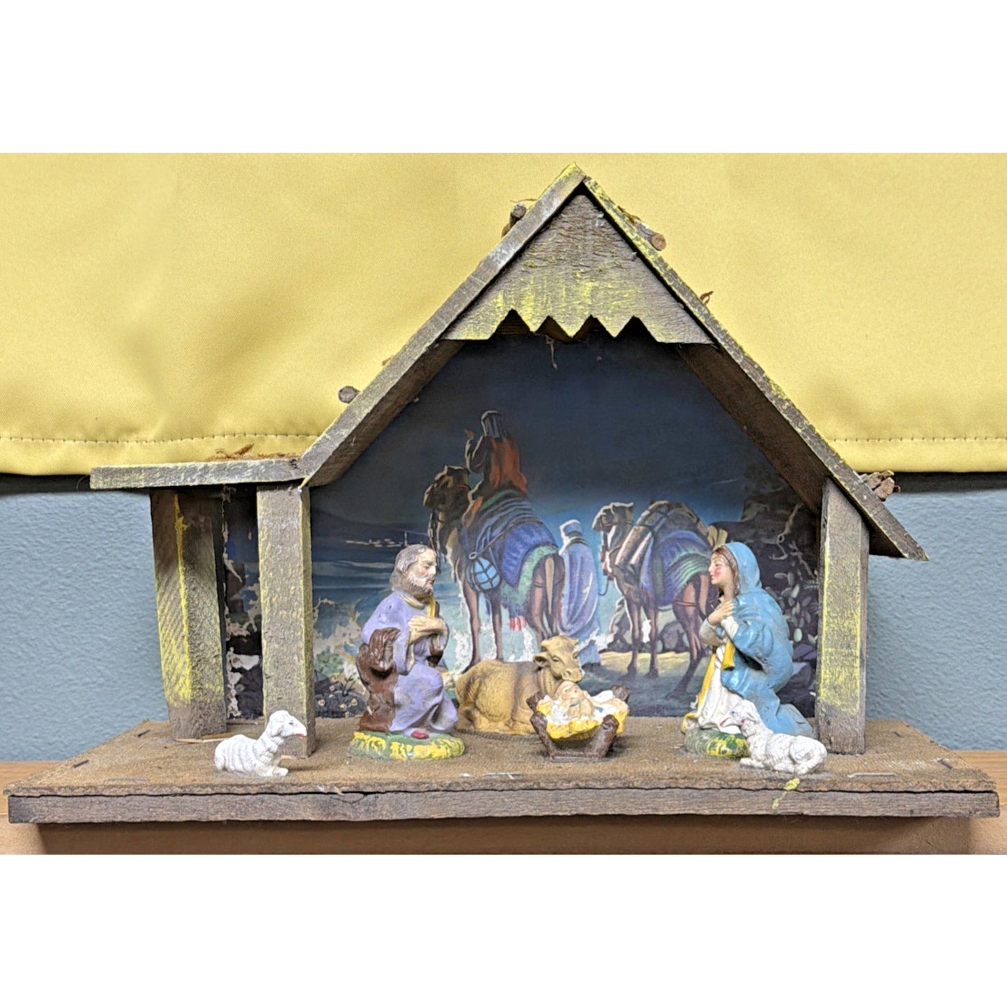 Vintage Stable Nativity Wooden Creche Italy 6 Pc Hand Painted As Is