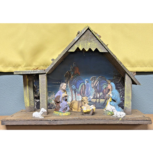 Vintage Stable Nativity Wooden Creche Italy 6 Pc Hand Painted As Is
