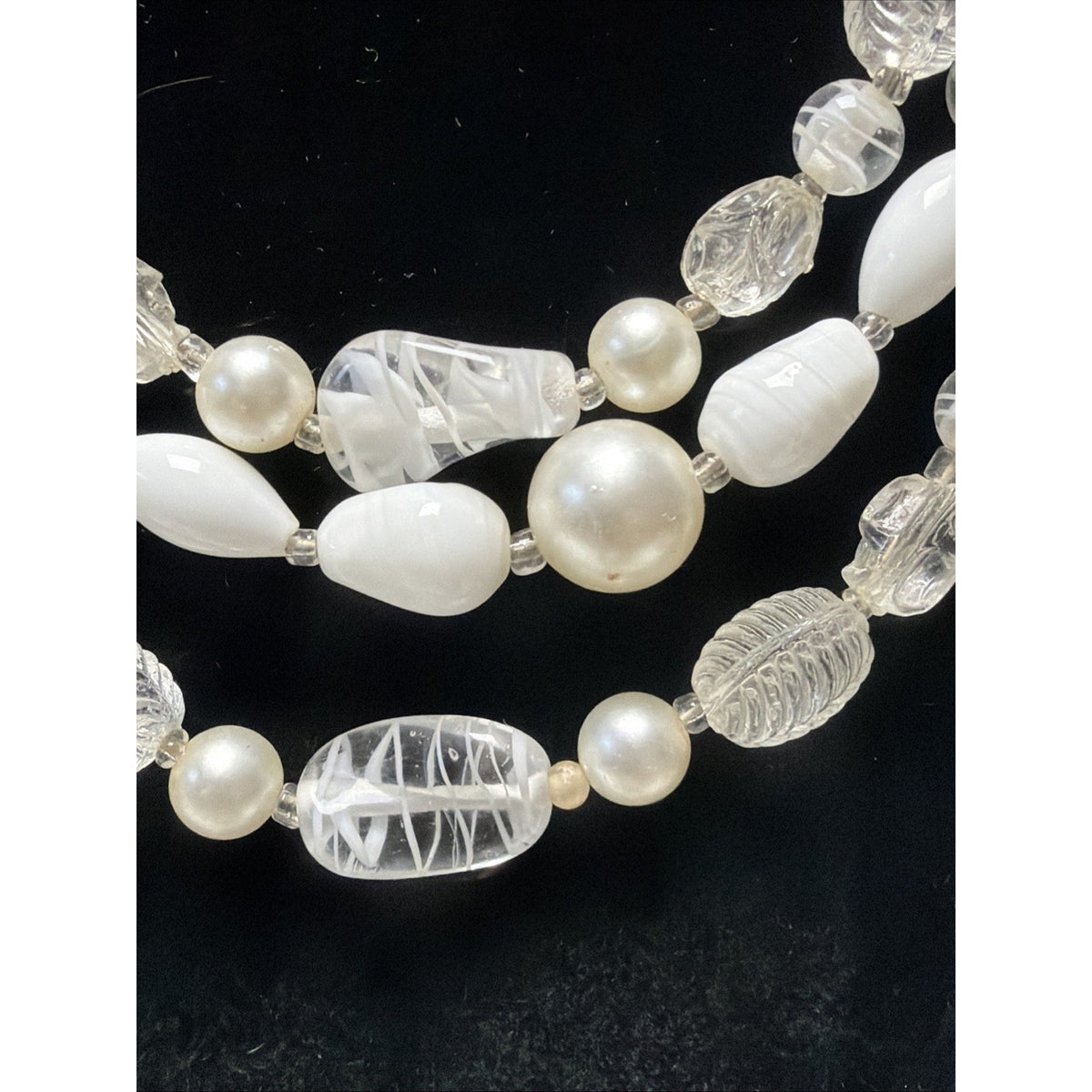 Vintage Japan Multi Strand Beaded Necklace Art Glass Faux Pearl Lucite Molded