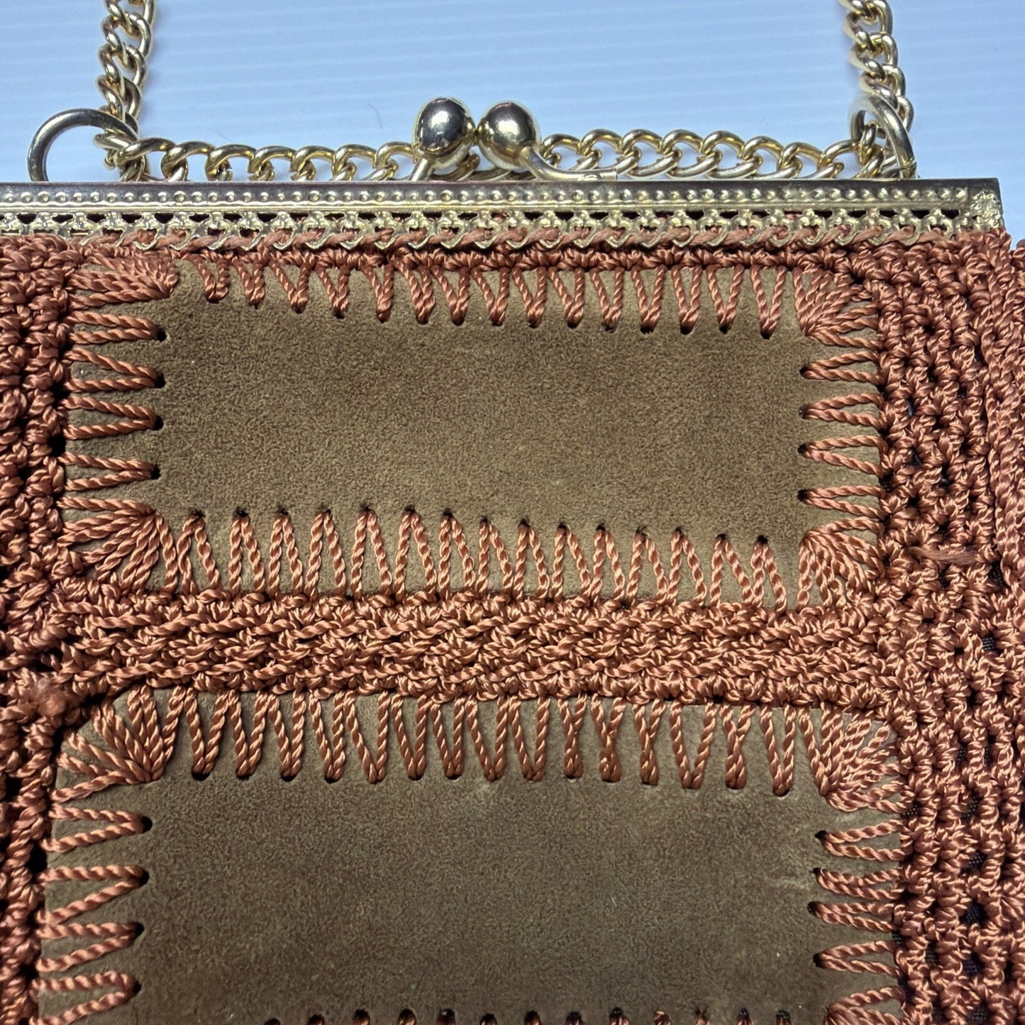 Vintage Solar Ltd Italy Brown Suede Leather Crochet Patchwork Purse As Is