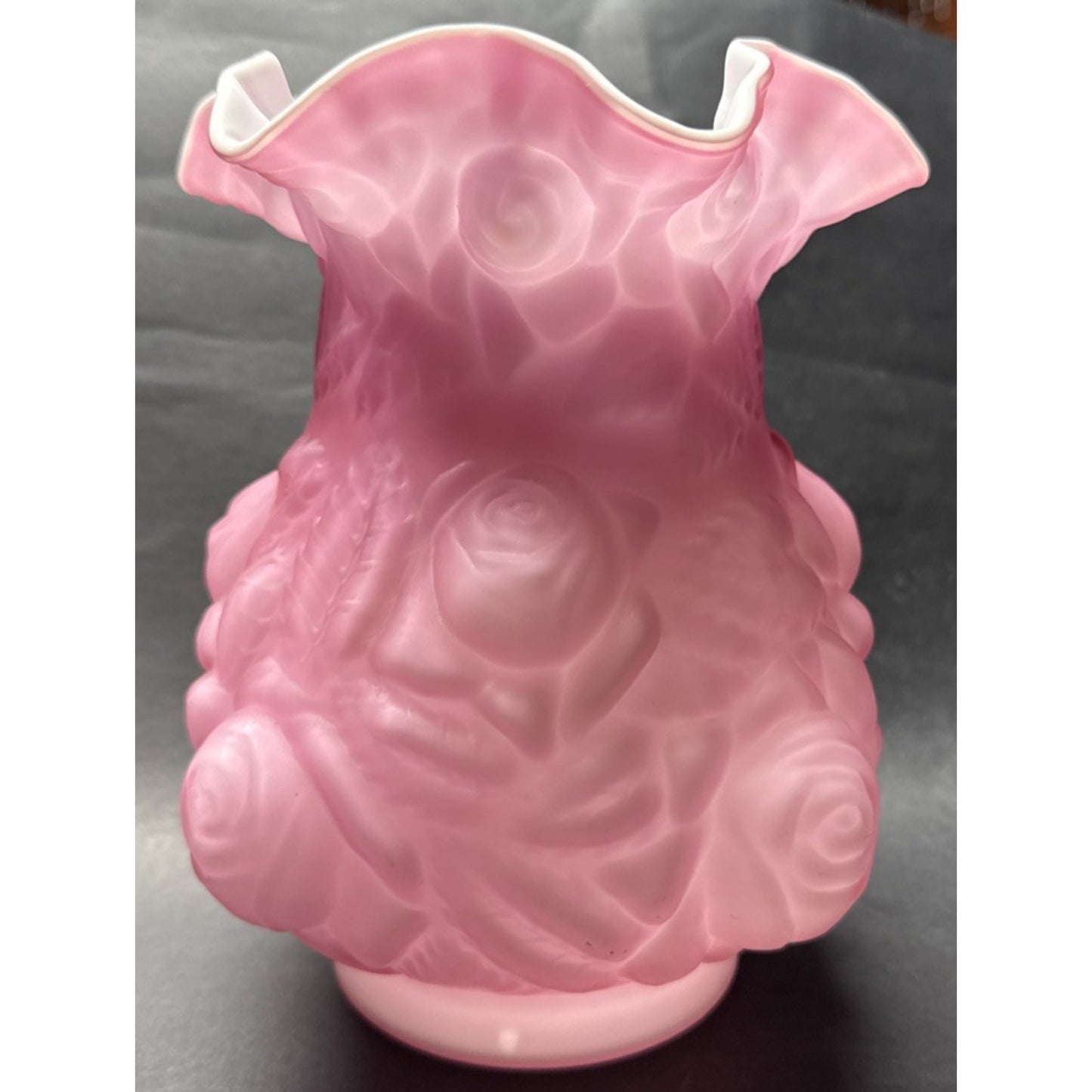 Vintage Fenton LG Wright Embossed Puffy Rose Pink Overlay White Satin Vase As-Is