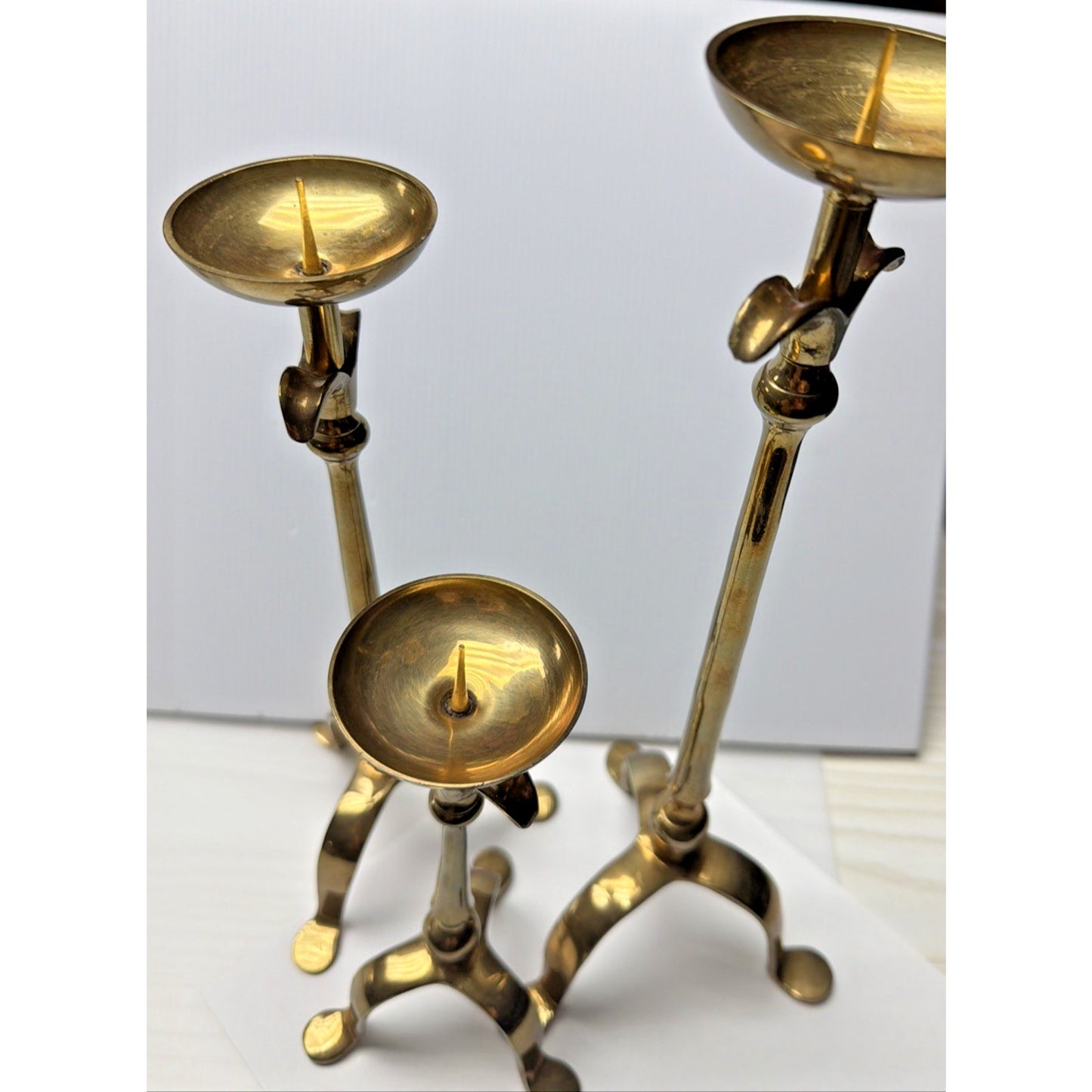 Vintage Lot of 3 Tripod Taper Candle Holders Brass Adirondack Deco Style