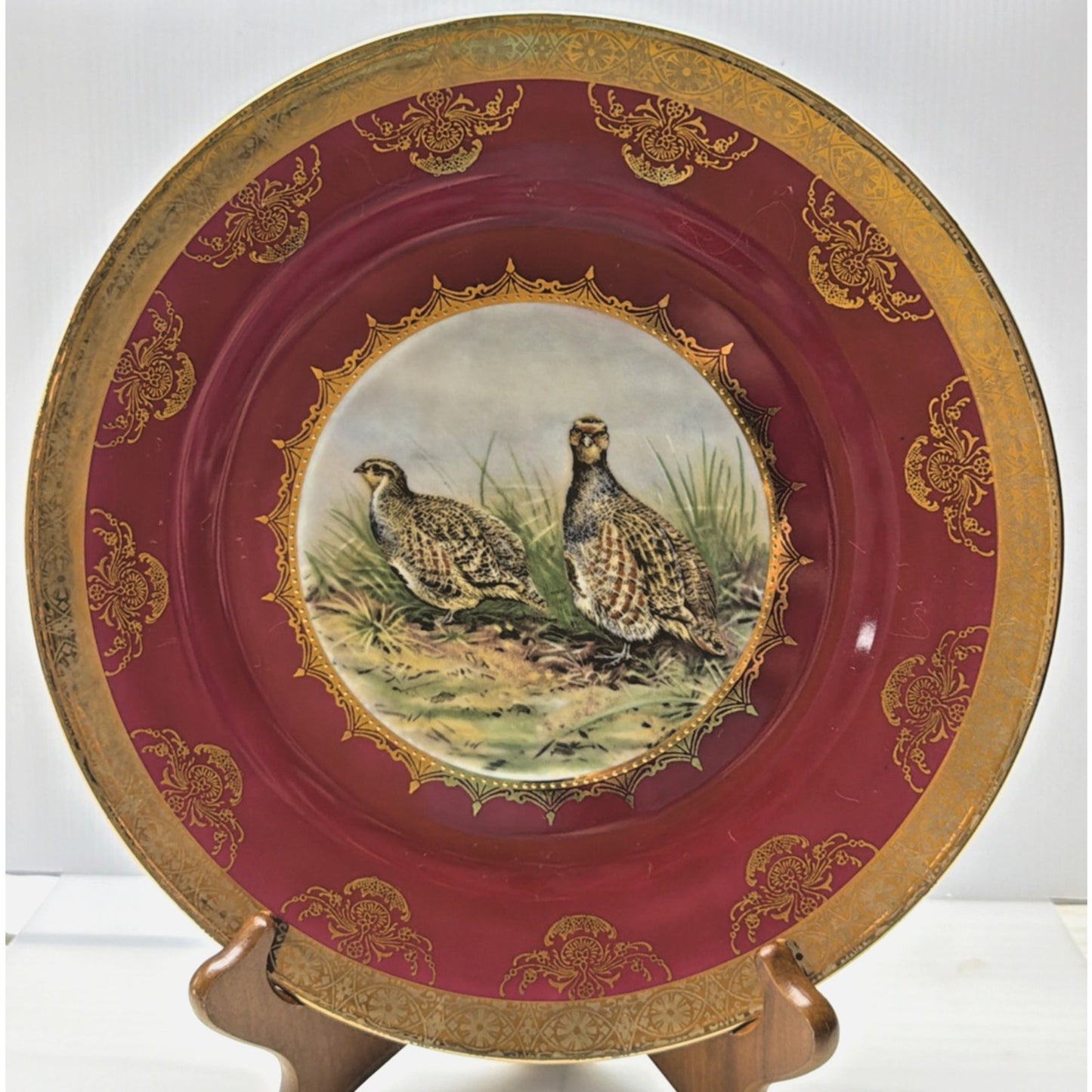 Vintage STW Bavaria Game Plate Pink Fuchsia Quail Gold Gilt Trim Ornate