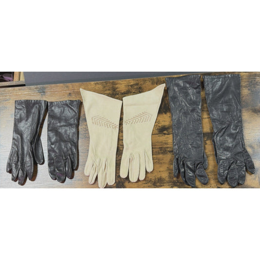 Vtg Lot of 3 Womens Gloves Black Leather Cotton Blend Cream Beaded Grandoe As Is
