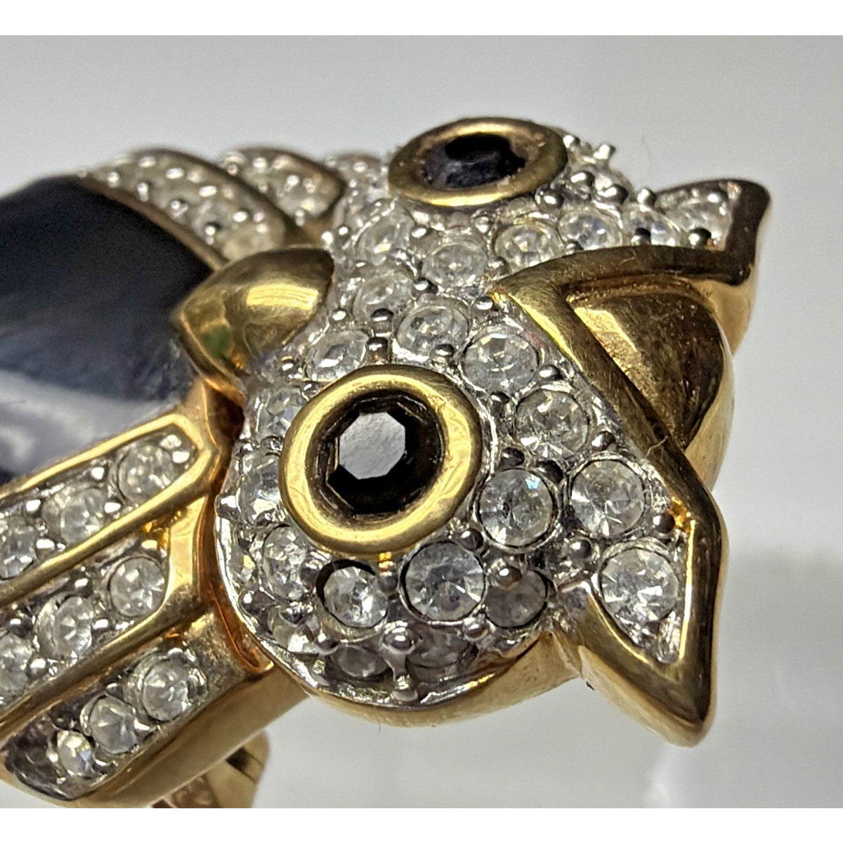 Vtg Swarovski SAL Pave Crystal Black Cabochon Enamel Owl Brooch Bird Pin As Is