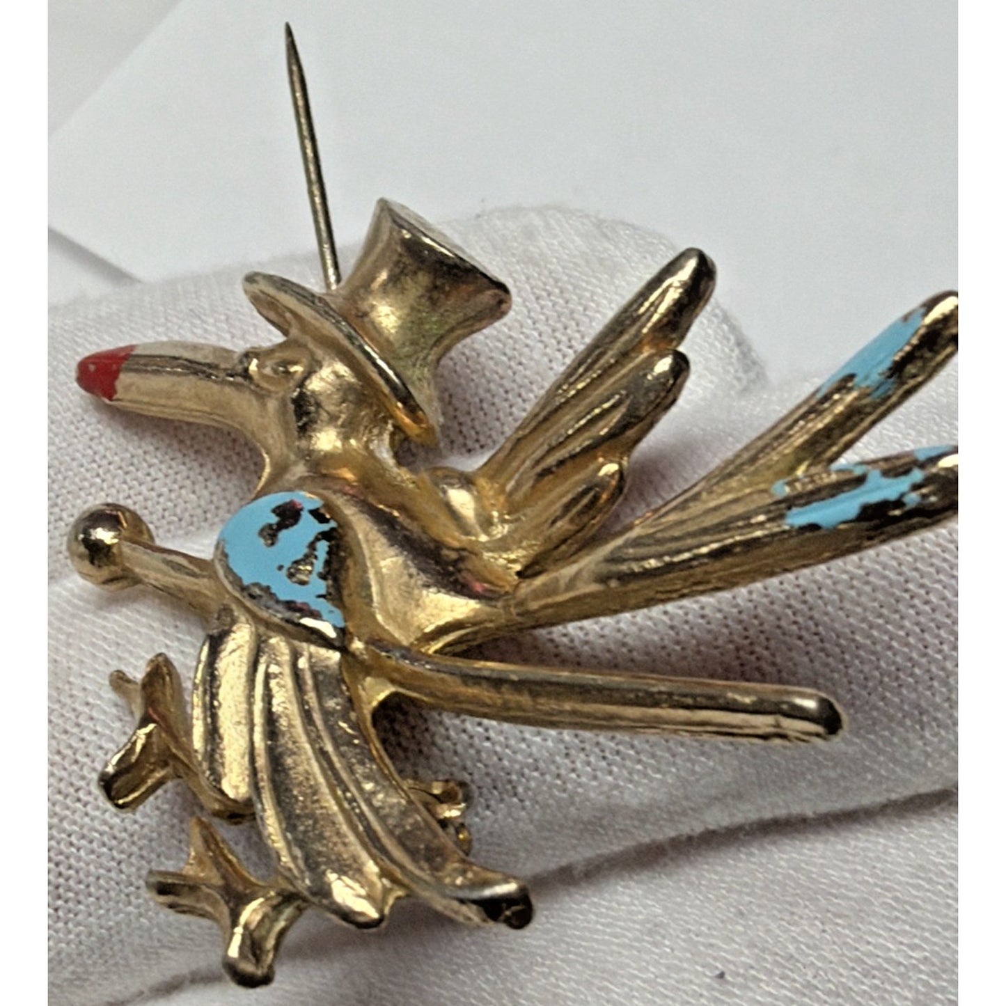 Vintage Roadrunner Natty Bird Pin Brooch Stork Gold Tone Enamel Top Hat Cane