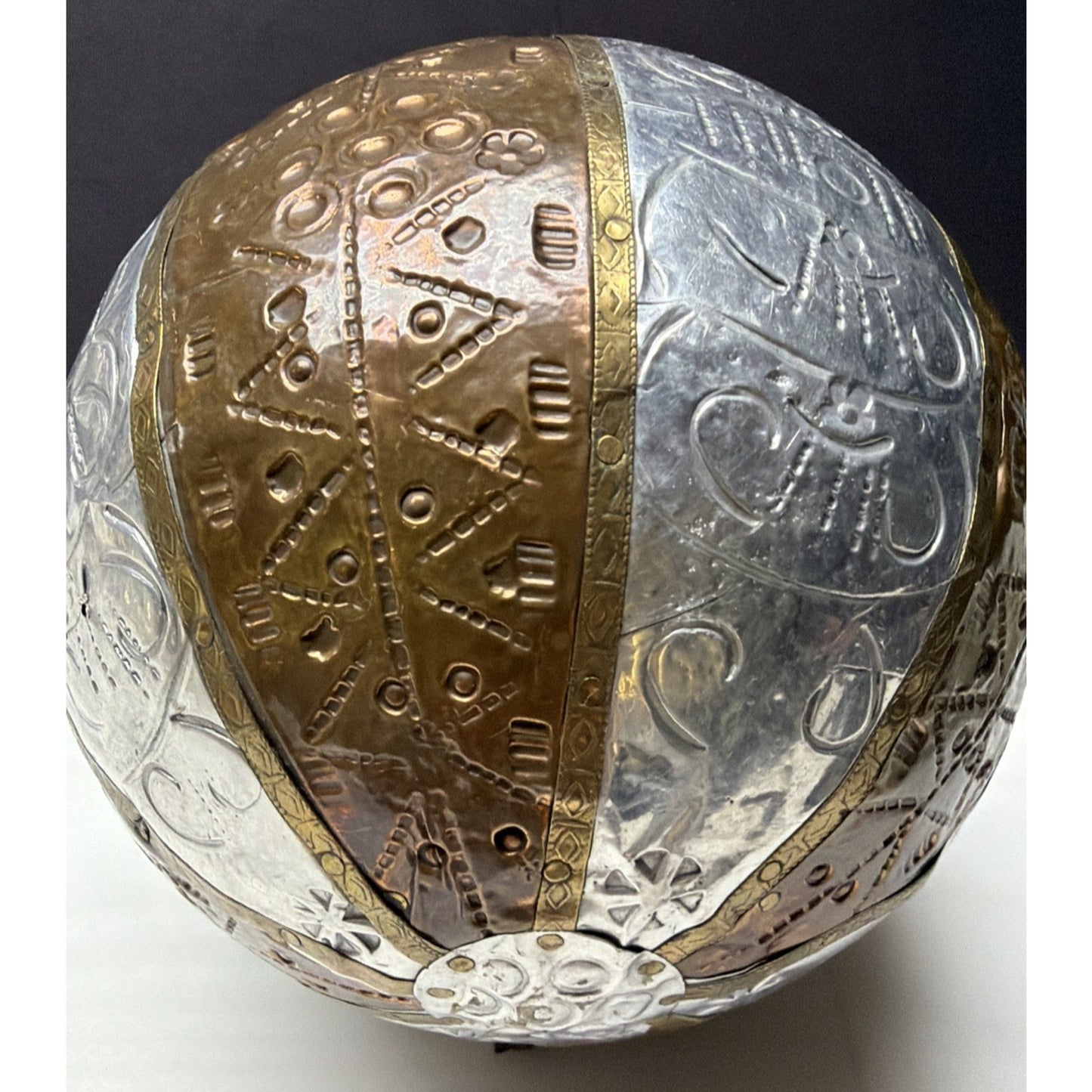 Vtg Mixed Metal Wrapped Sphere Orb Hand Tooled Design Ornate Ball Brass Bronze