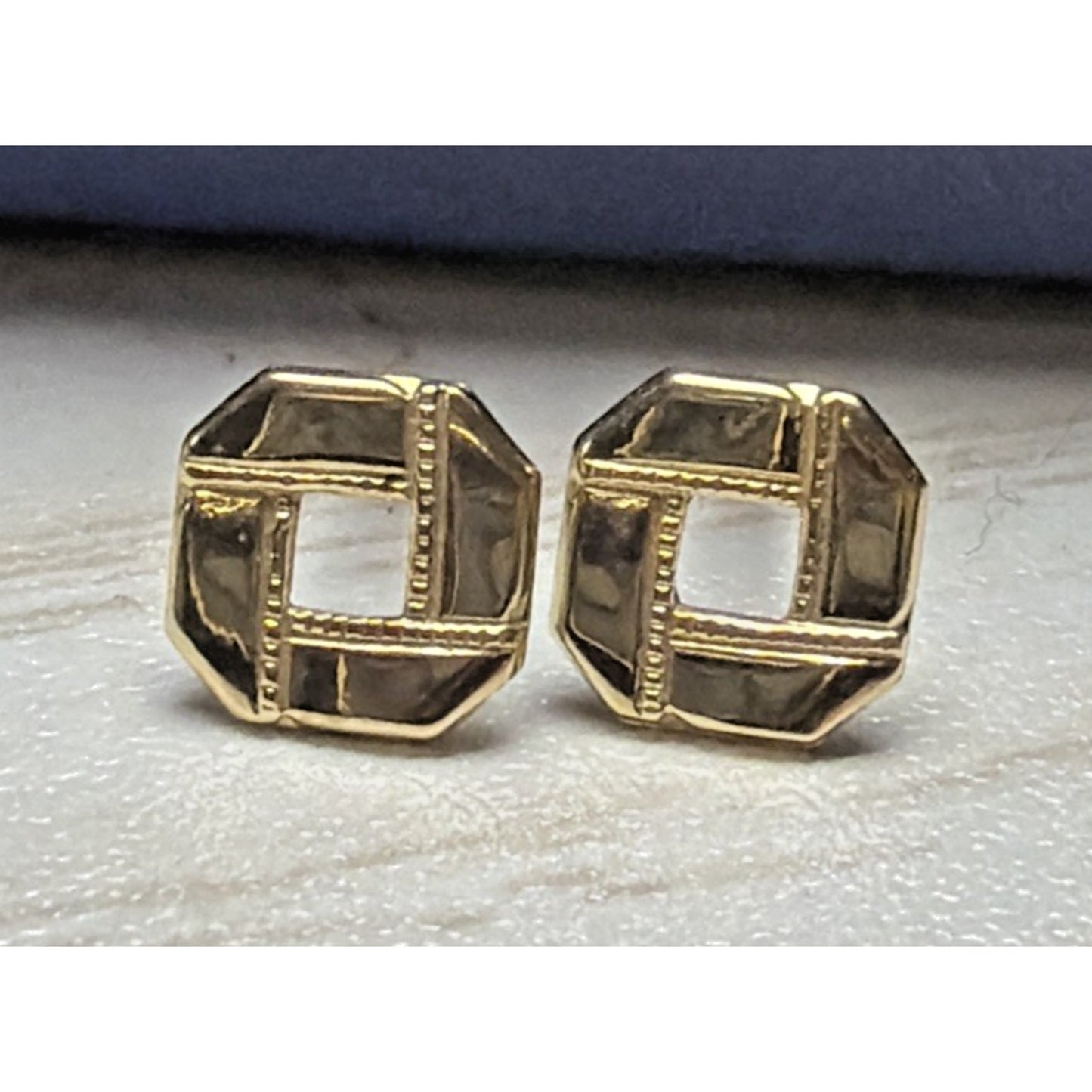Vintage 14k Yellow Gold Hexagonal Stud Earrings Open Weave Square No Backs