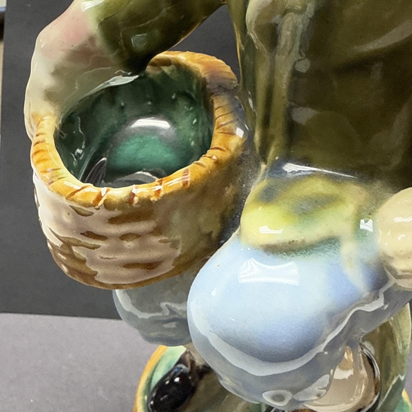 Vintage Majolica Pottery Glazed Crackle Man Holding Basket Sitting Signed As Is