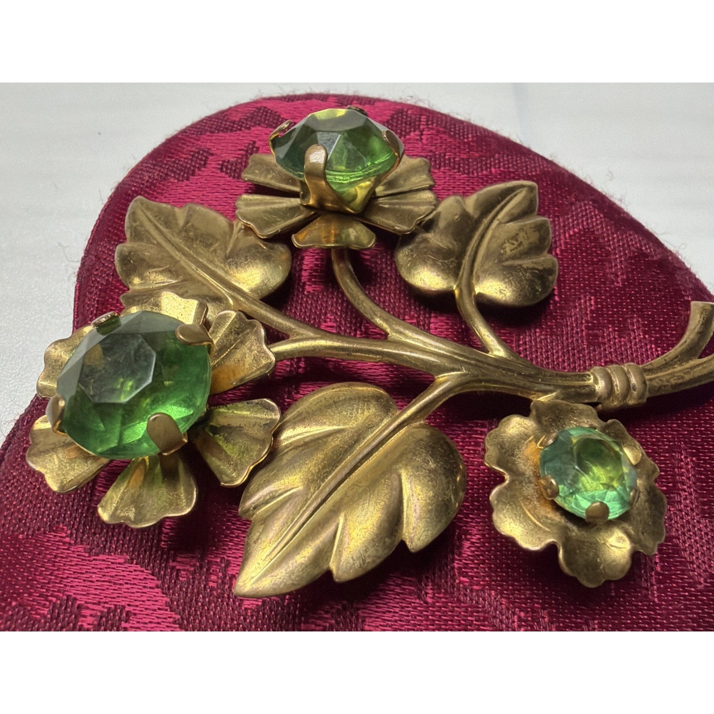Vintage Large Gold Tone Floral Sprig Spray Brooch Pin Green Rhinestones