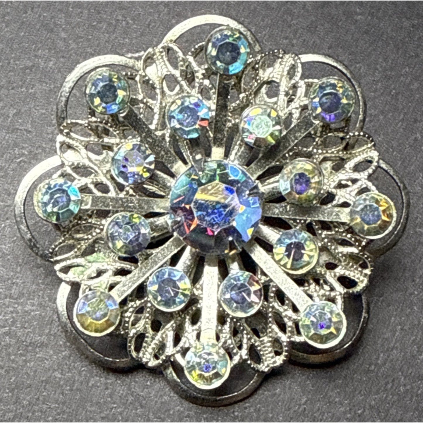 Vintage Aurora Borealis Rhinestone Silver Tone Filigree Layered Flower Brooch