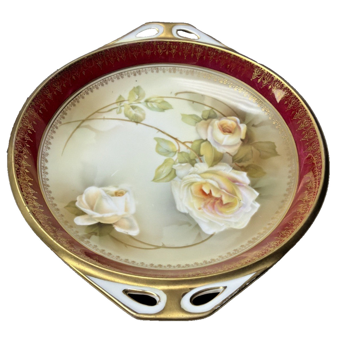 Antique RS Prussia Germany Hand Painted Rose Handle Bowl Platter Ornate Burgundy