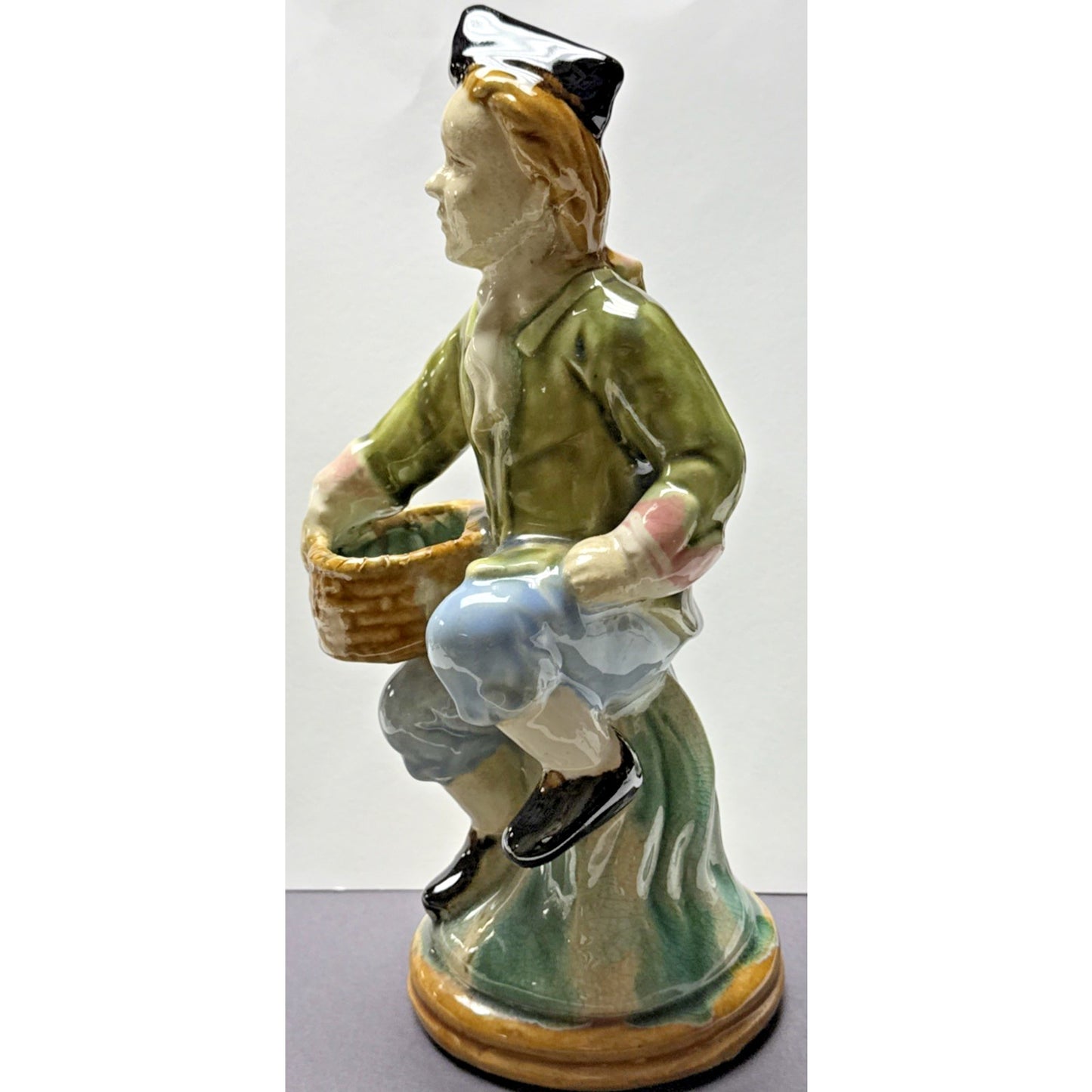 Vintage Majolica Pottery Glazed Crackle Man Holding Basket Sitting Signed As Is