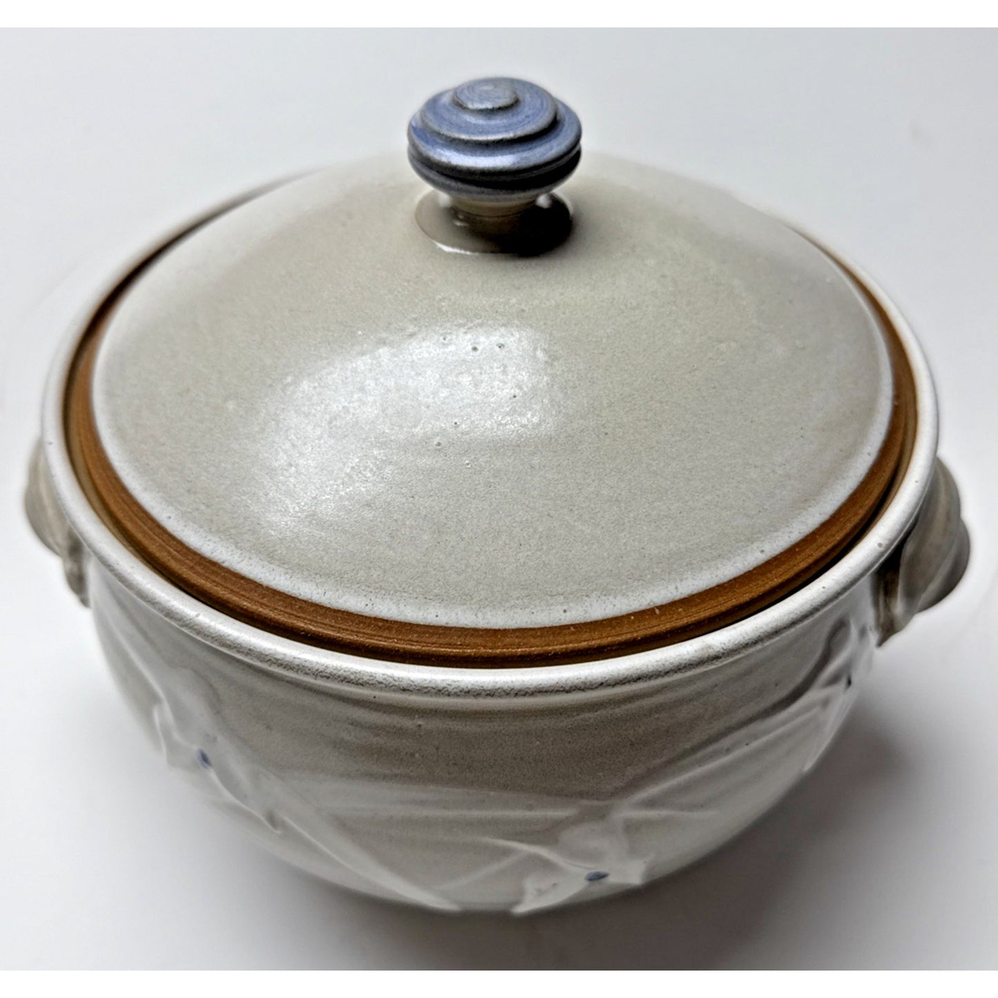 Noble Studio Art Pottery Casserole Lidded Trillium Blue White Handles