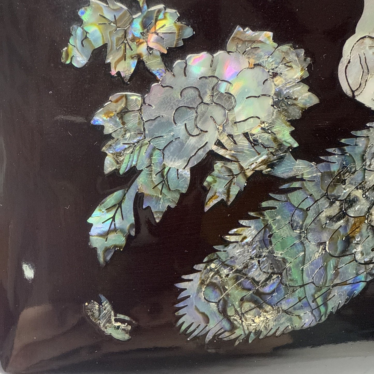 Vtg Lacquer Mother Of Pearl Inlay Turtle Latch Peacock Jewelry Ring Box Mirror