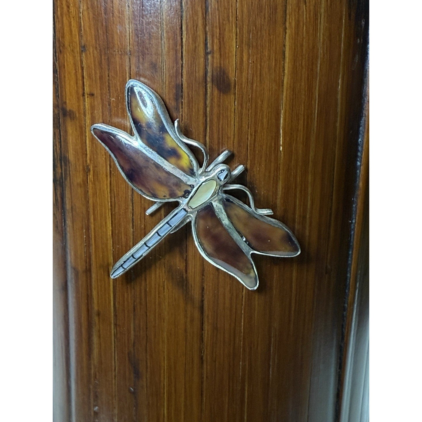 Old Japanese Bamboo Wood Vase Silvered Frog Grass Enameled Butterfly Large Read