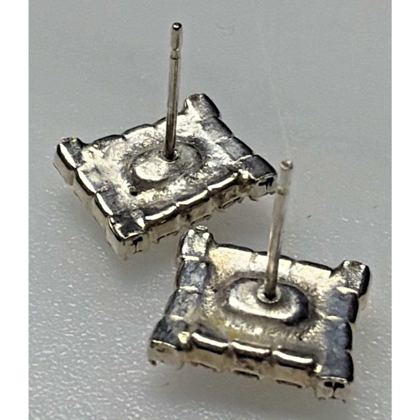 Vintage Emerald Cut Baguette Rhinestone Halo Cluster Pierced Earrings Prong Stud