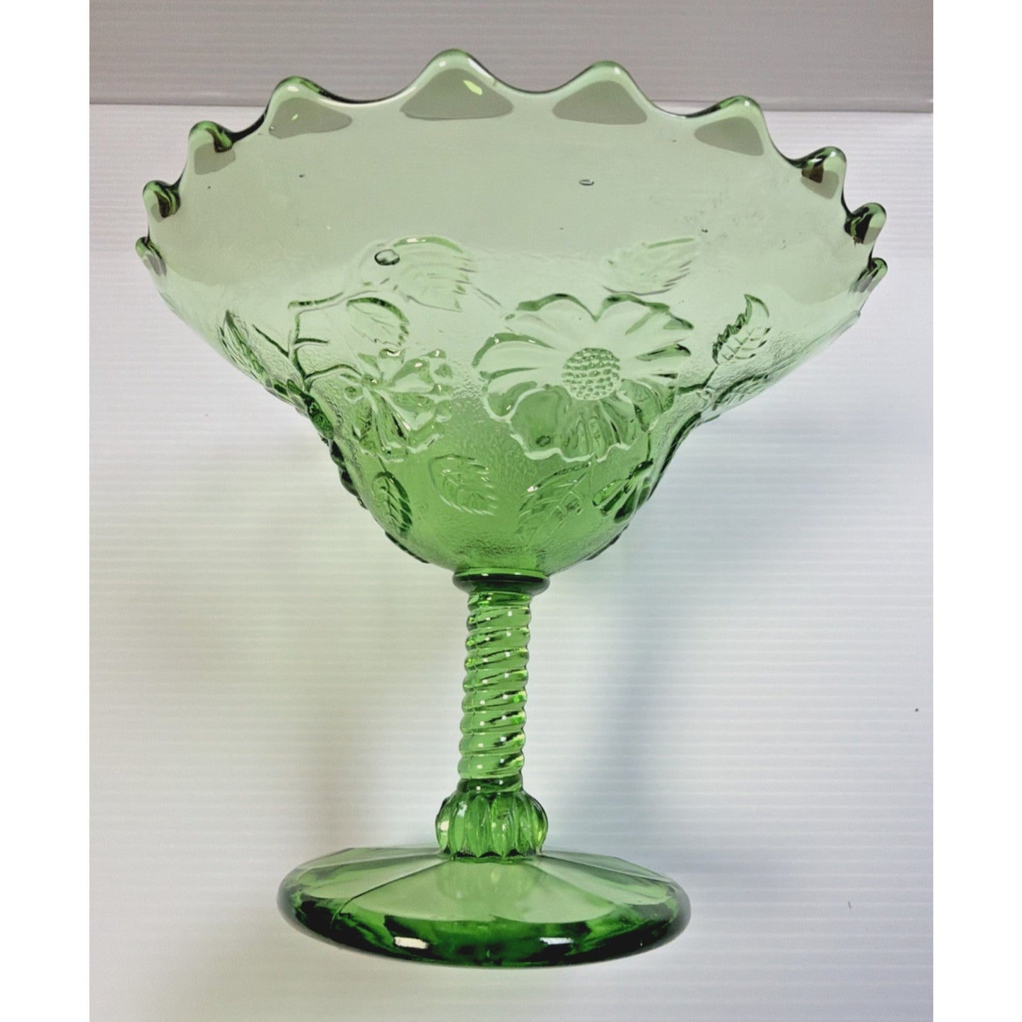 Old Northwood Glass Wild Flower Green Footed Compote Candy Dish