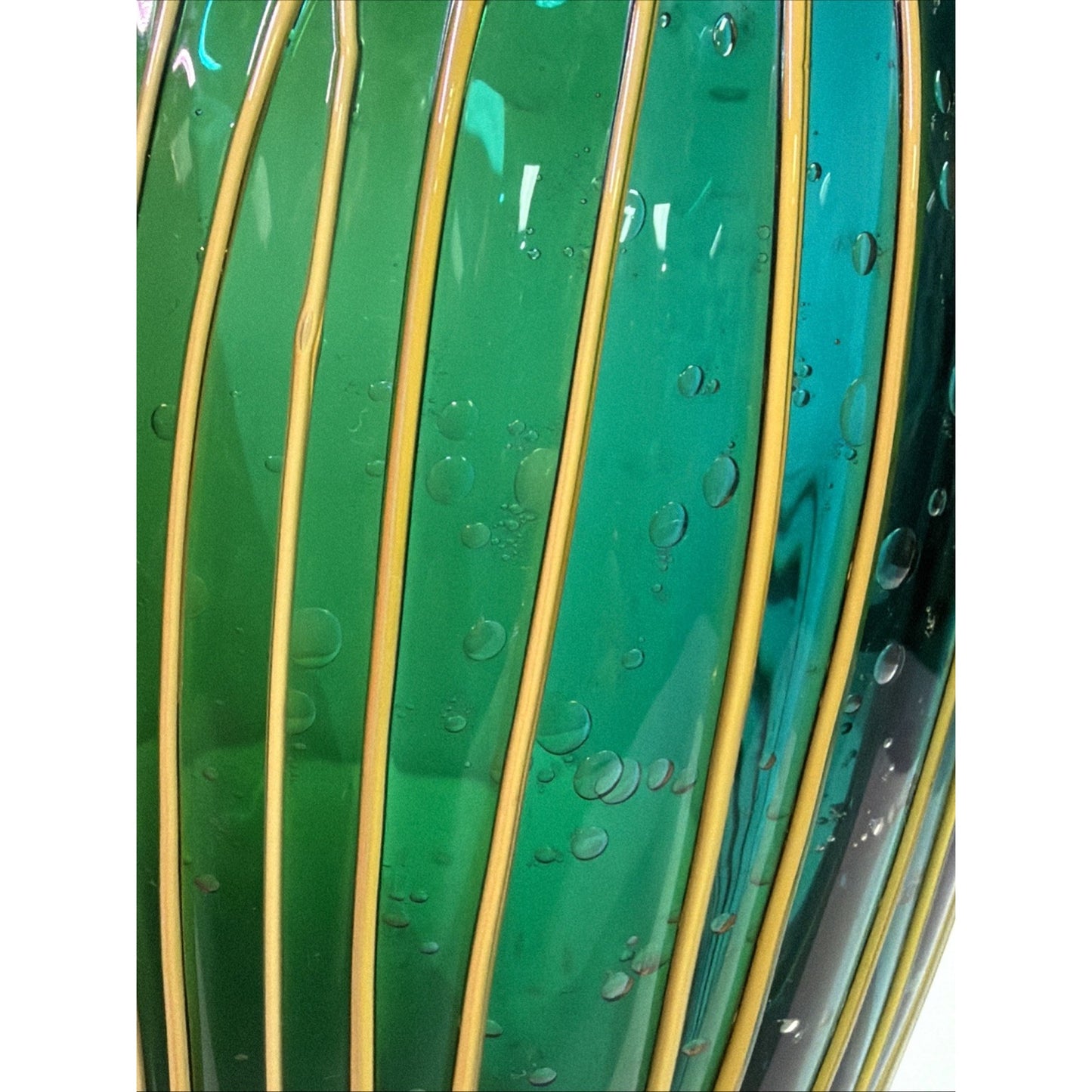 Vtg Art Glass Bubble Vase Teal Green Ombre Yellow Threaded Living Color Collect