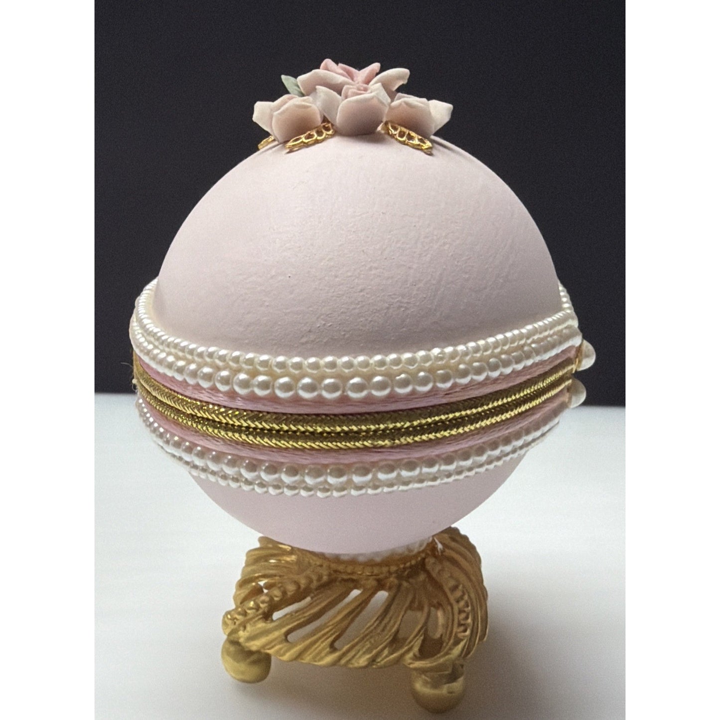 Egg Fantasy Hand Decorated Goose Egg Pink Trinket Jewelry Box Porcelain Flowers