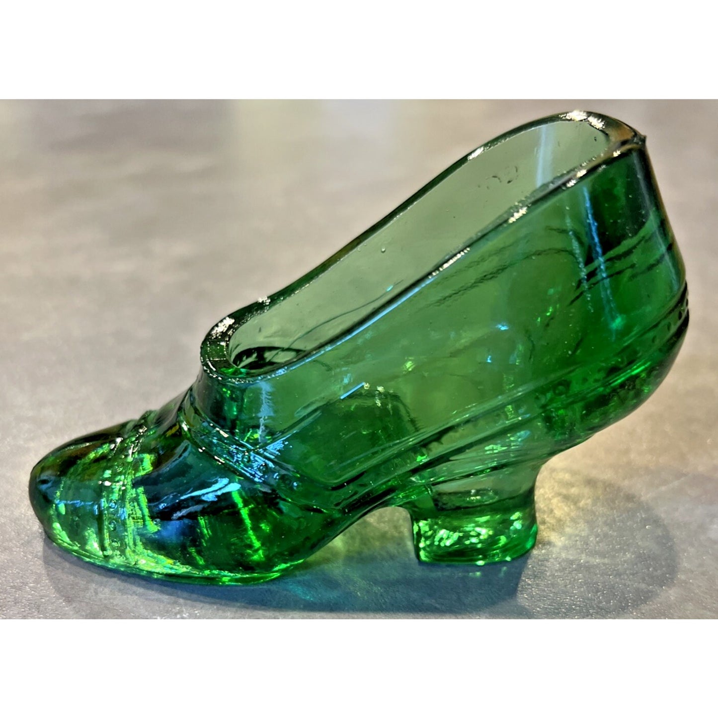 EAPG US Glass Green Ladies Shoe Novelty Ashtray Paperweight Heeled Slipper
