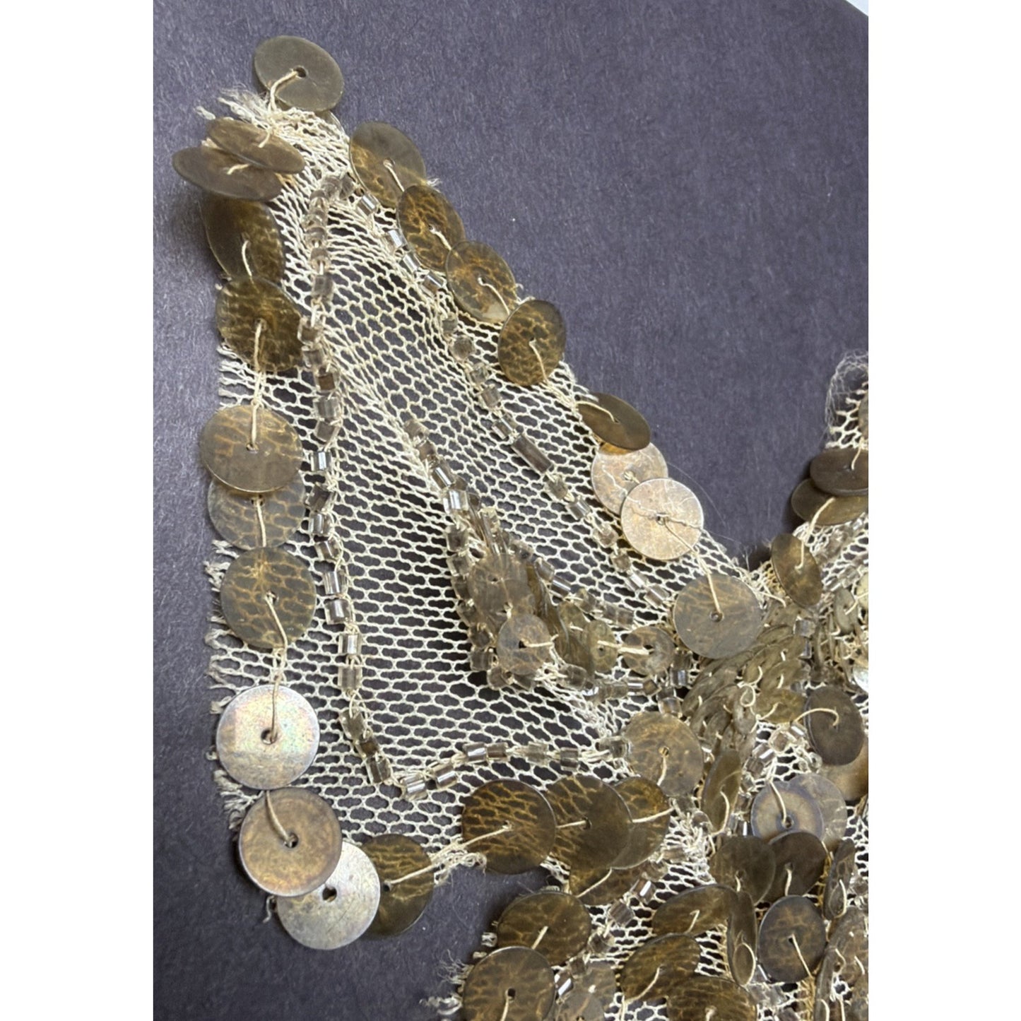 Antique Gold Sequined Tulle Lace Applique Bow Adornment As Is