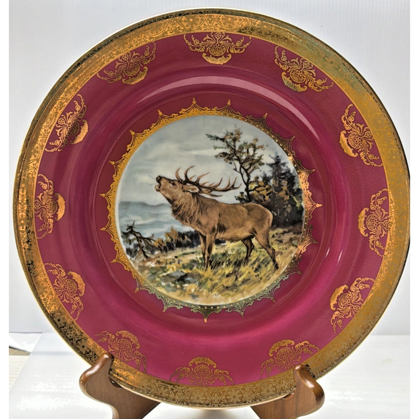 Vintage STW Bavaria Fuchsia Pink Game Plate Gold Ornate Elk Moose