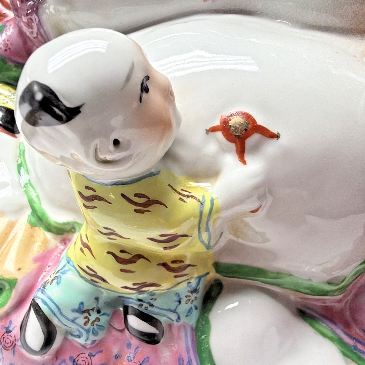 Chinese Famille Rose Jaune Laugh Buddha Fertility Painted 5 Children 12" Stamped
