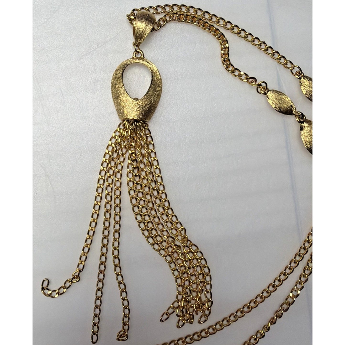 Vintage Gold Tone Brushed Leaf Waterfall Pendant Tassel Necklace