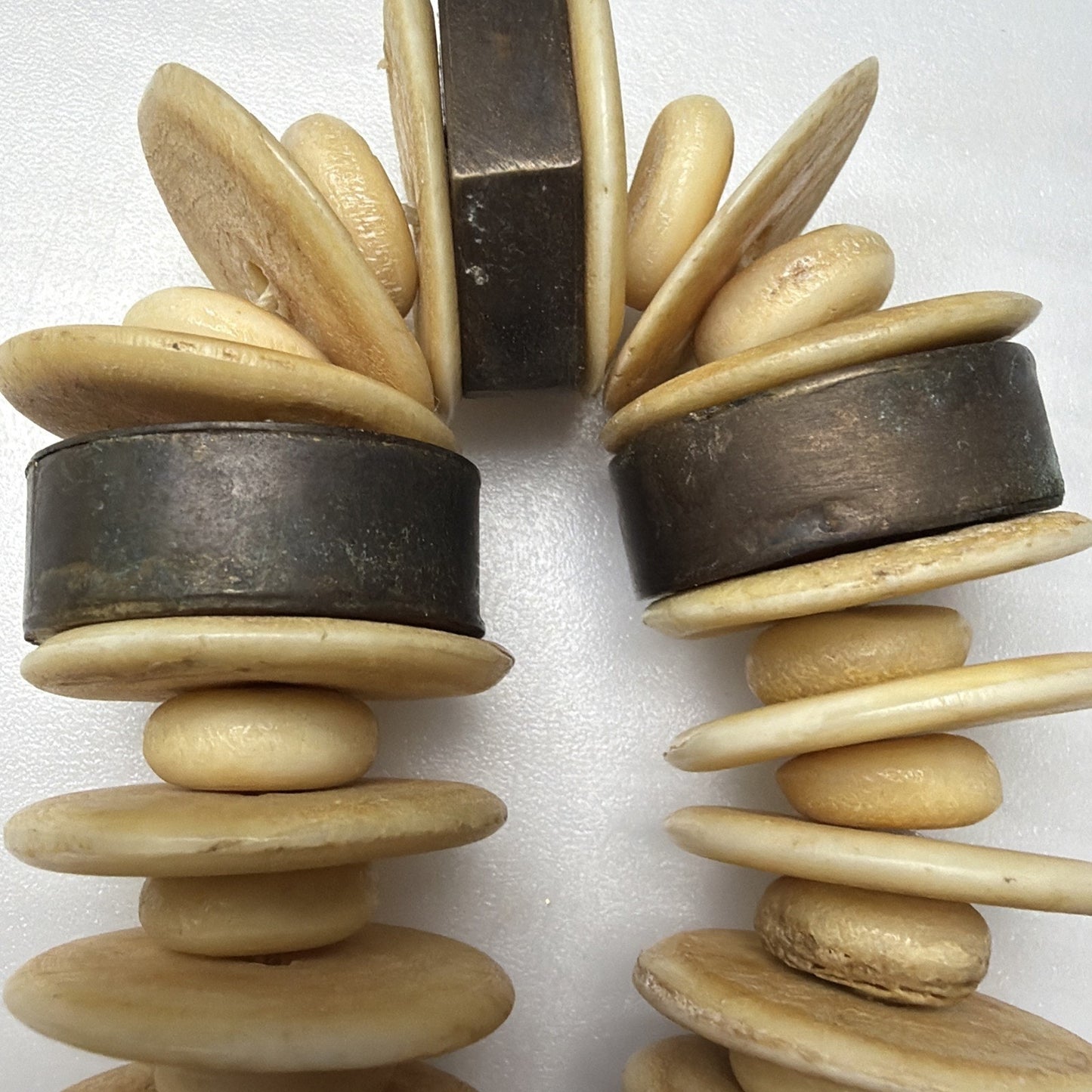 Old Ethnic Native Carved Bovine Camel Bone Brass Bronze Chunky Necklace Disc