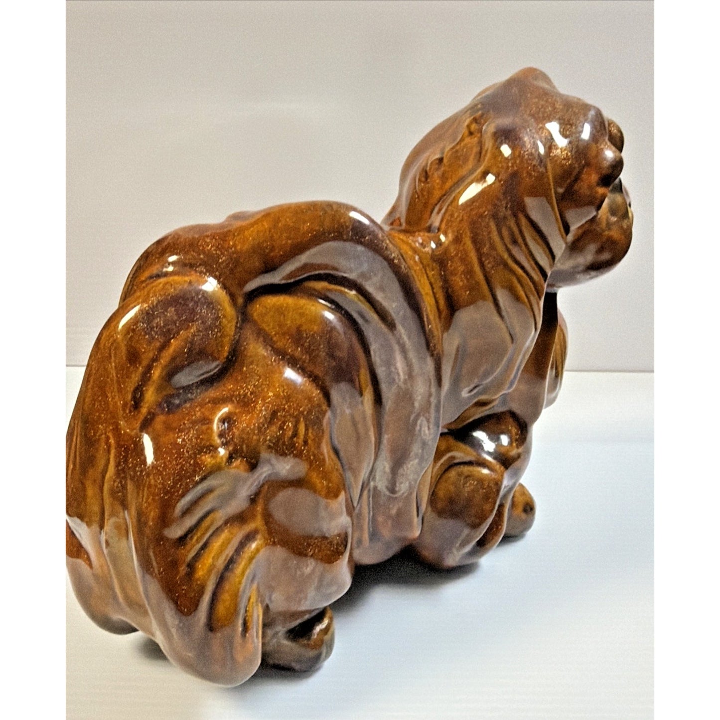 Vintage Pekingese Dog Statue Ceramic Mold Brown Copper Aventurine Glaze Signed