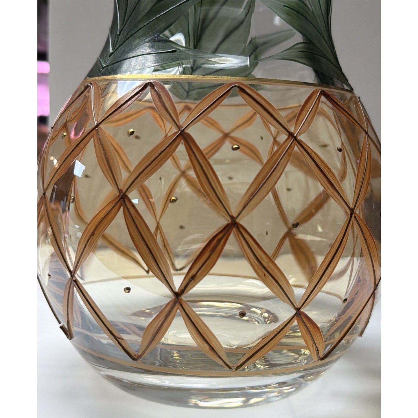 Romanian Crystal Pineapple Vase Gold Trim Green Palm Large Orange Crystal Clear
