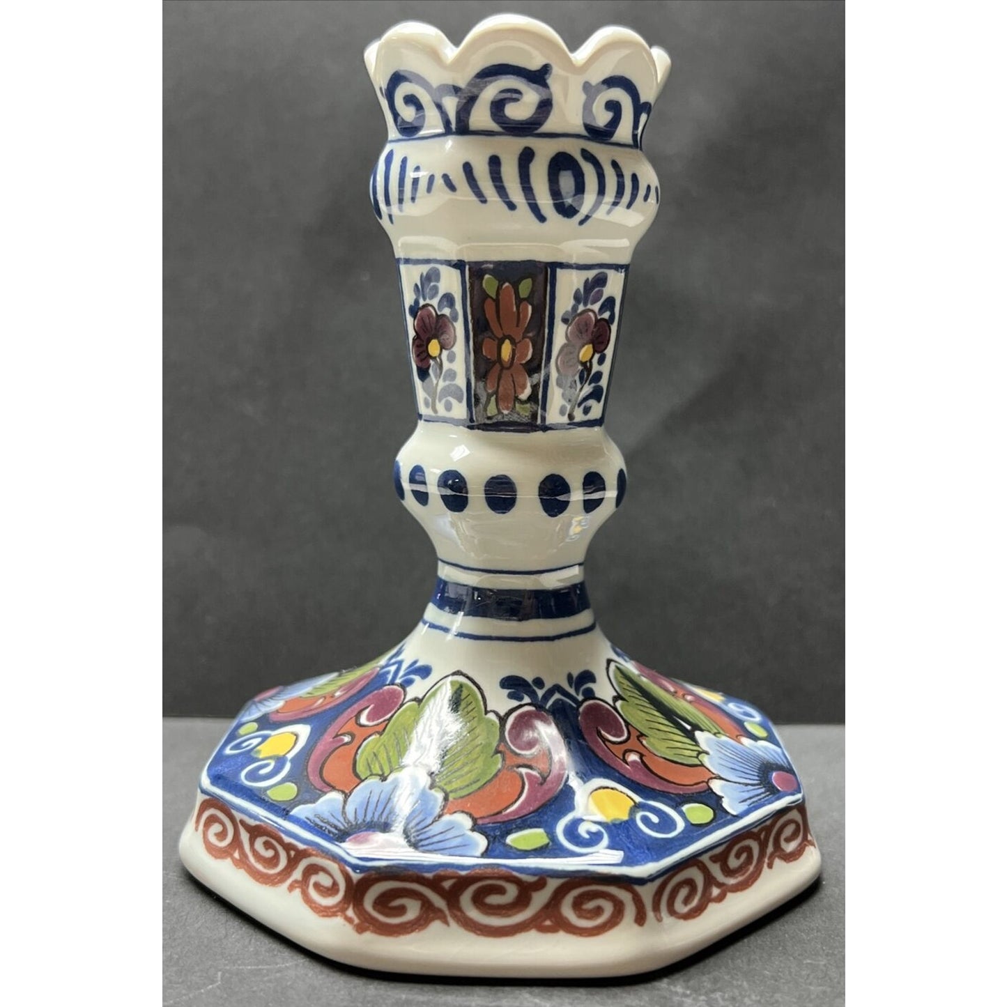 Vtg Oud Delft Holland 834/1 Candle Stick Holder Polychrome Floral Hand Painted
